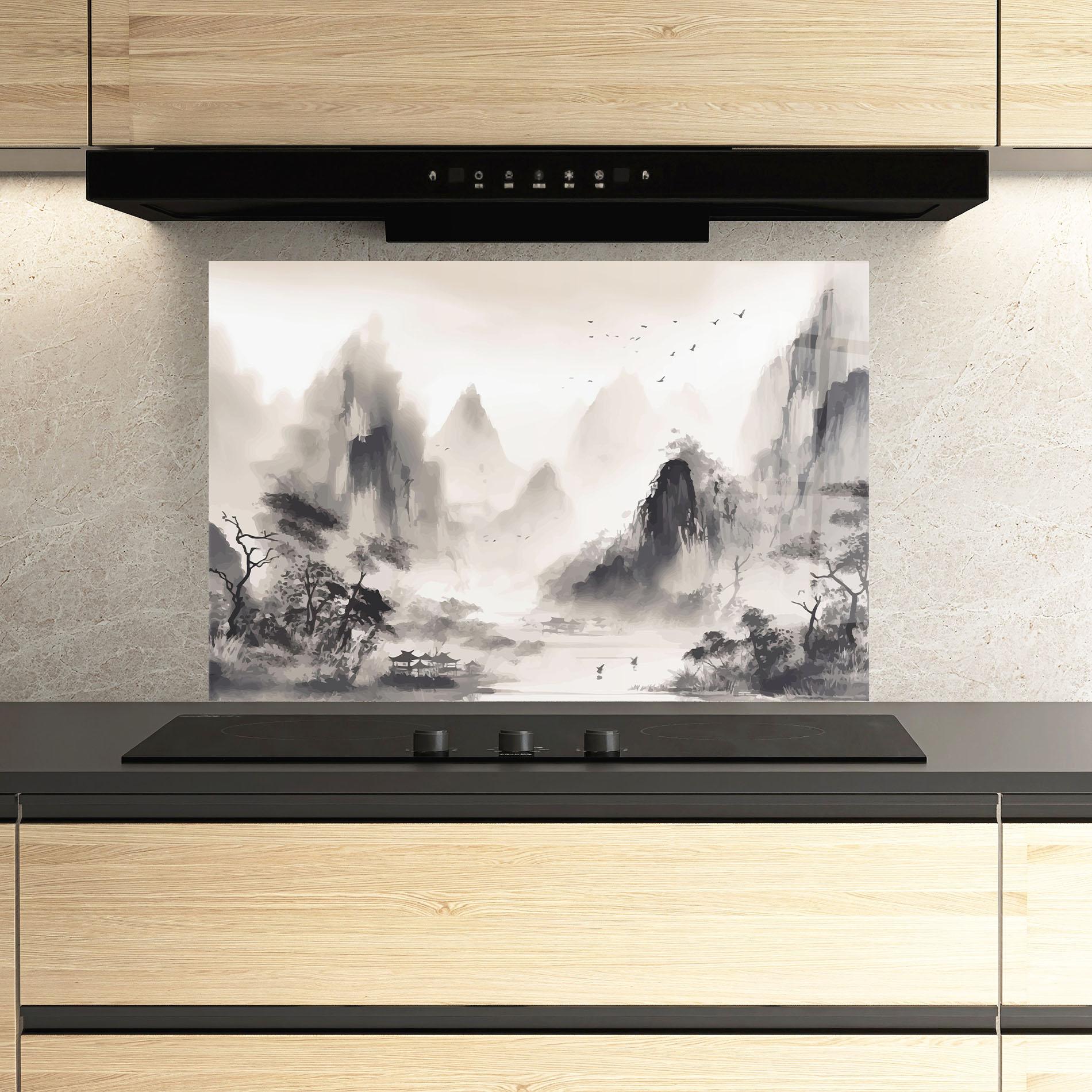 Küchenrückwand Glas Far Away Mountain mockup 3