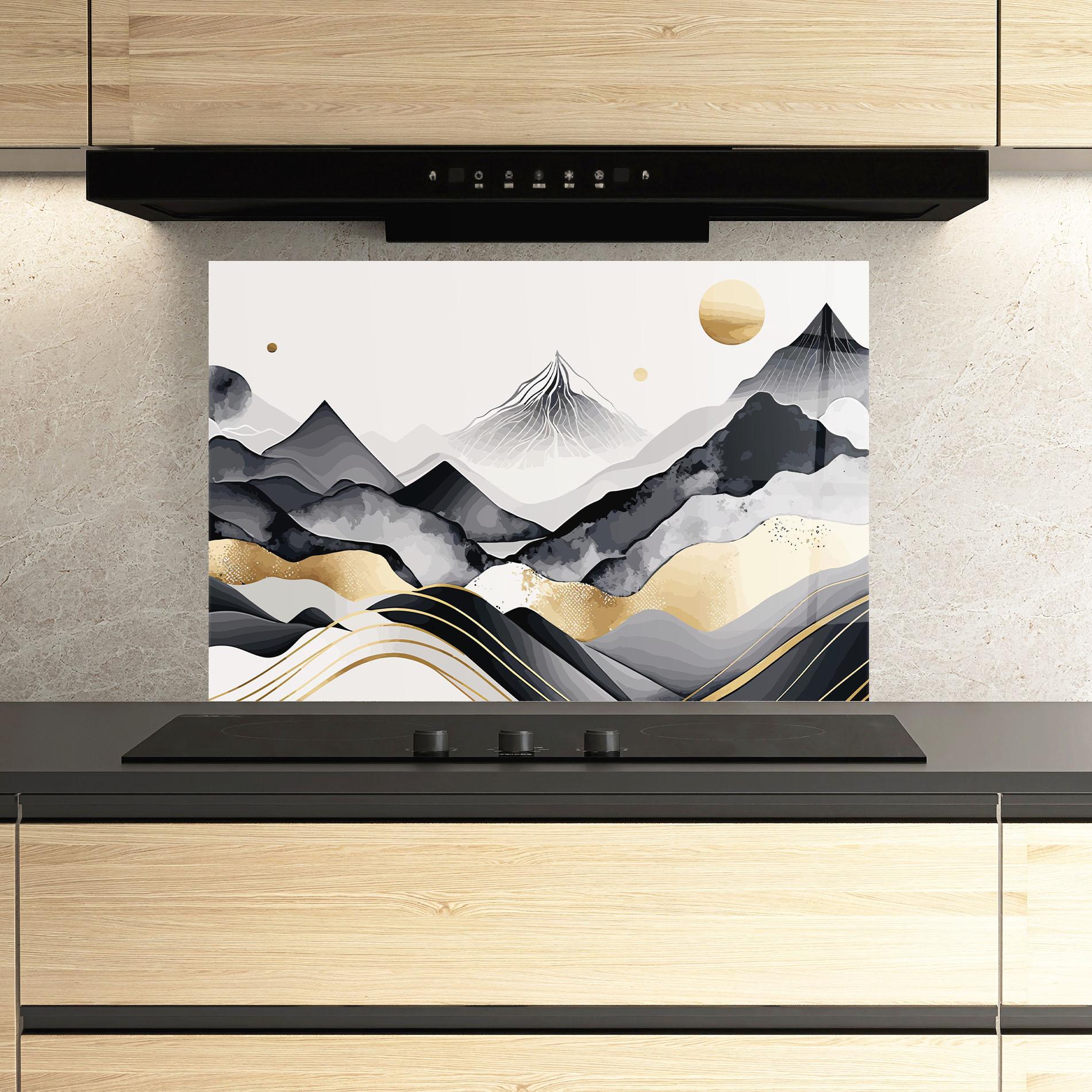 Küchenrückwand Glas Gold Black Mountain mockup 3