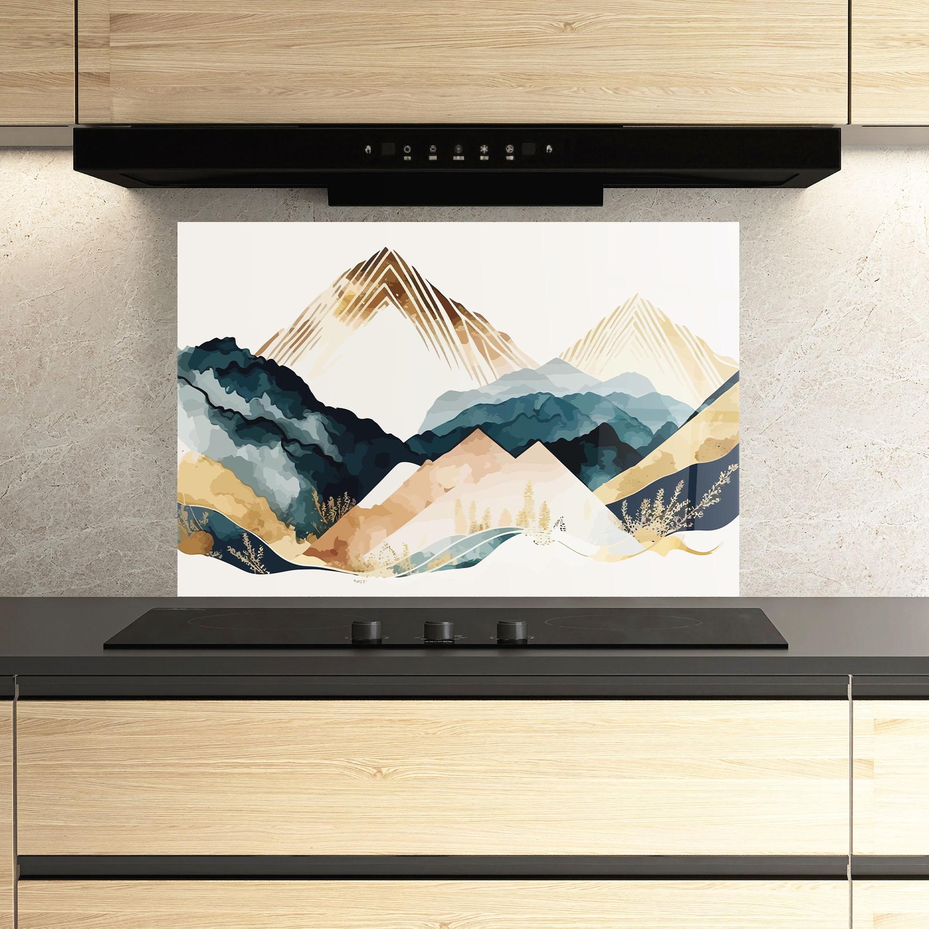 Küchenrückwand Glas Gold Green Mountain mockup 3