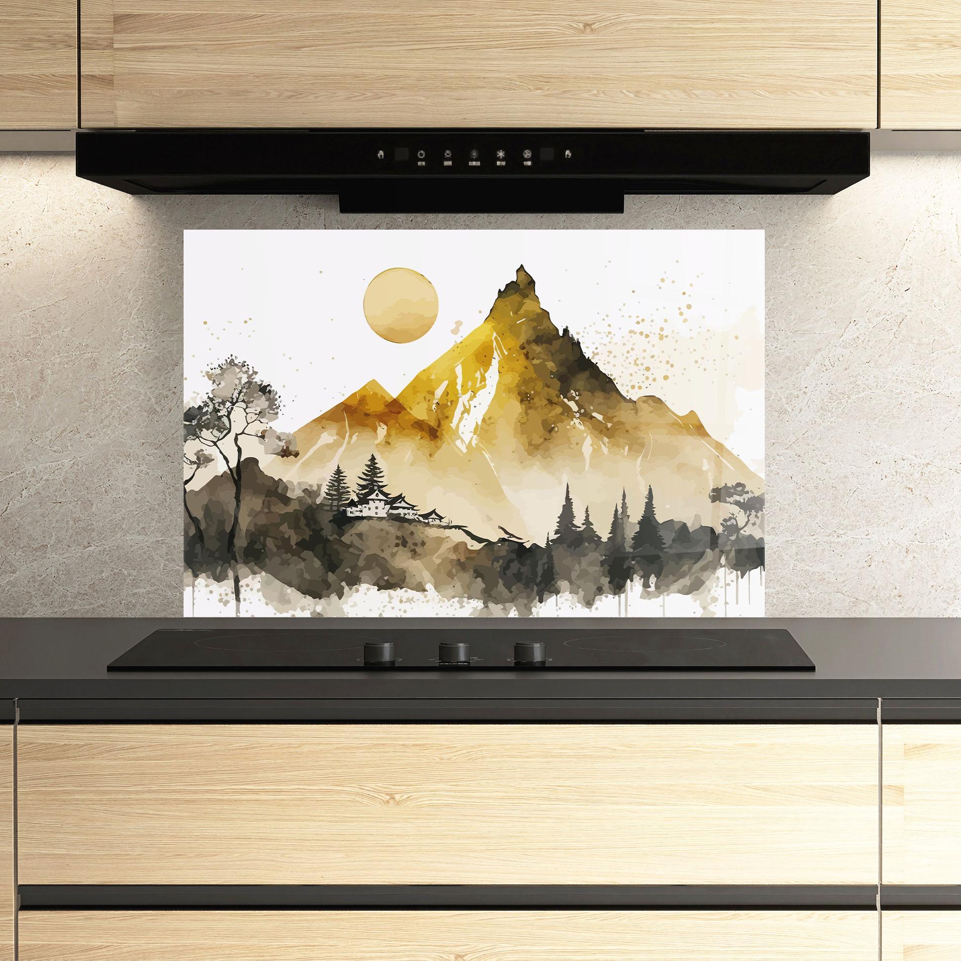 Küchenrückwand Glas Gold Mountain Art mockup 3
