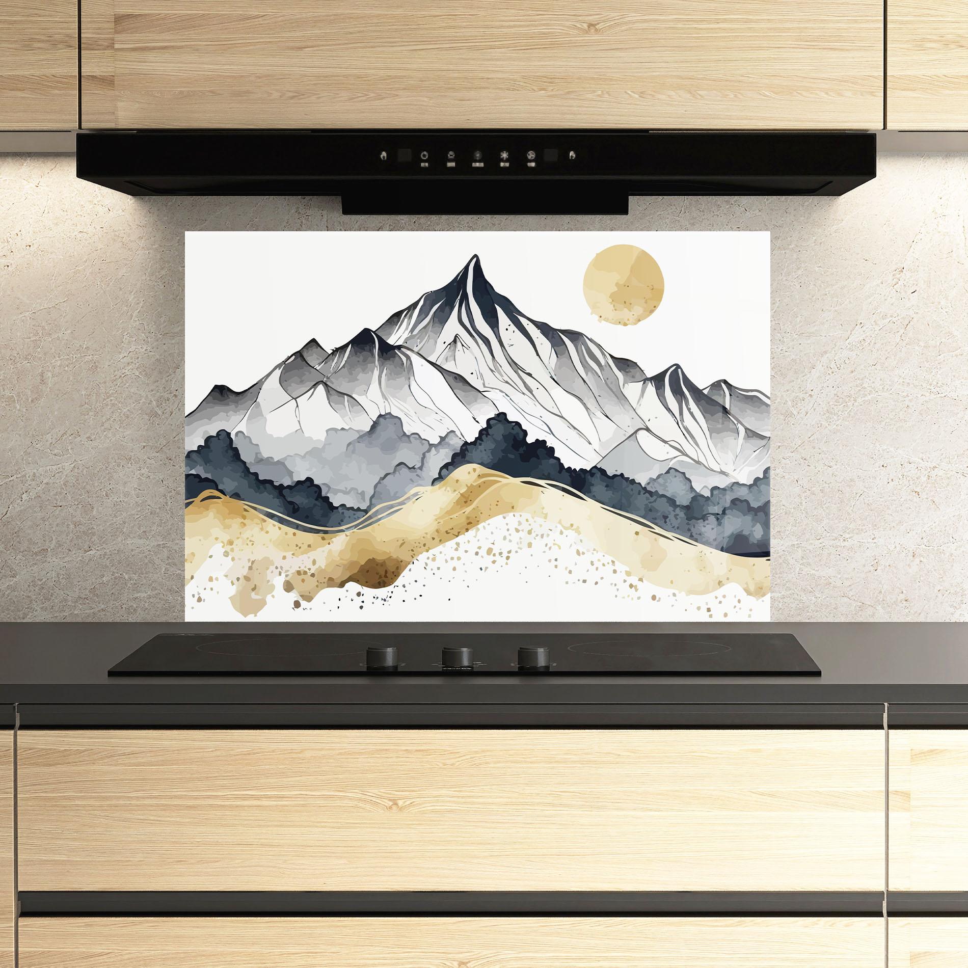 Küchenrückwand Glas Grey Gold Mountain mockup 3