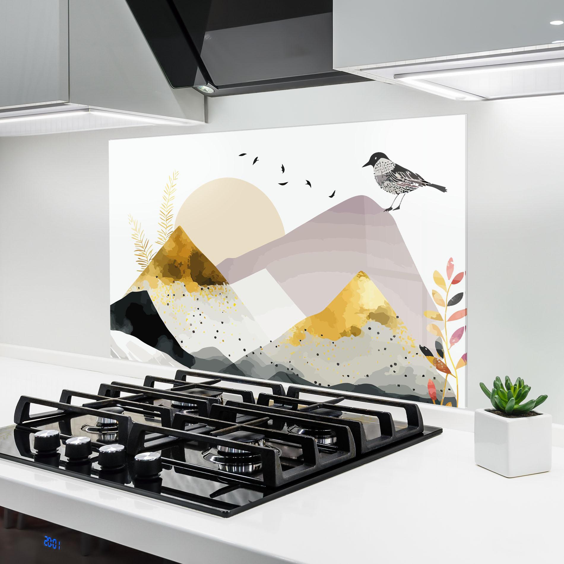 Küchenrückwand Glas Bird Gold Mountain mockup 6