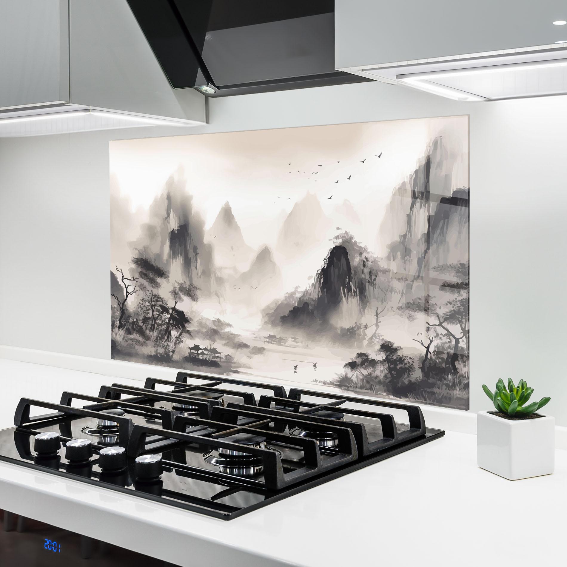 Küchenrückwand Glas Far Away Mountain mockup 6