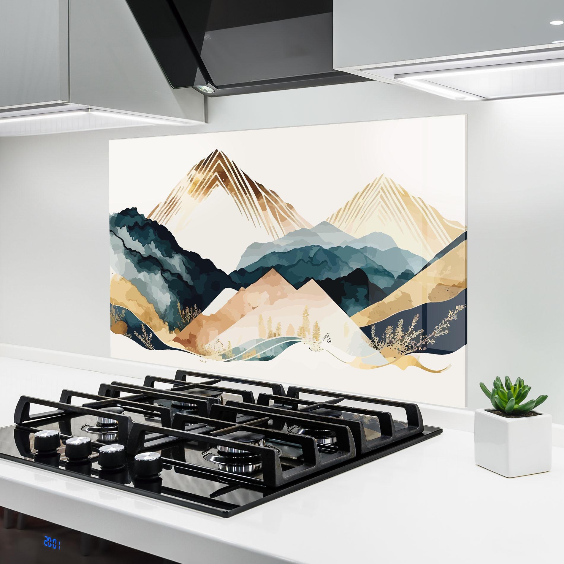Küchenrückwand Glas Gold Green Mountain mockup 6