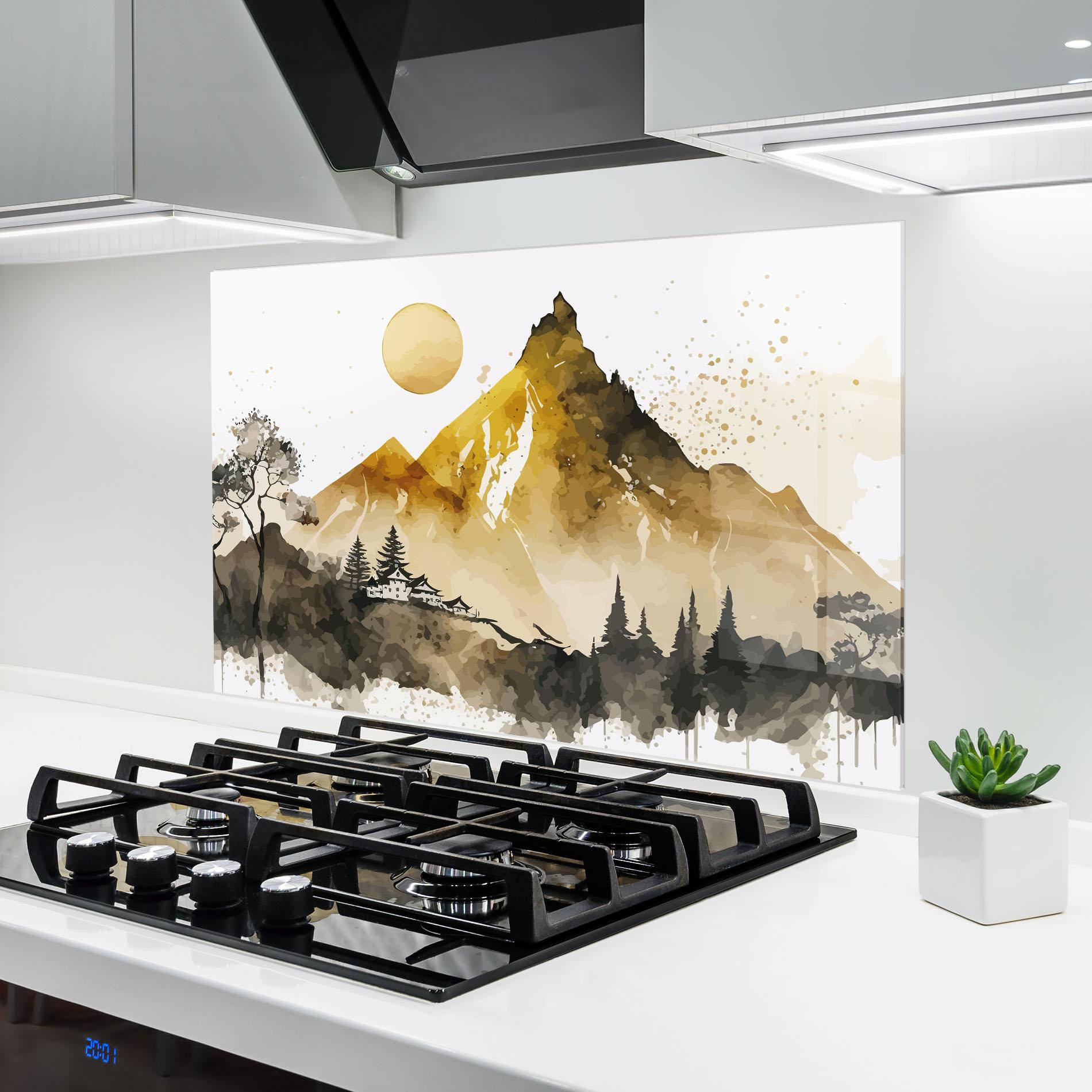 Küchenrückwand Glas Gold Mountain Art mockup 6