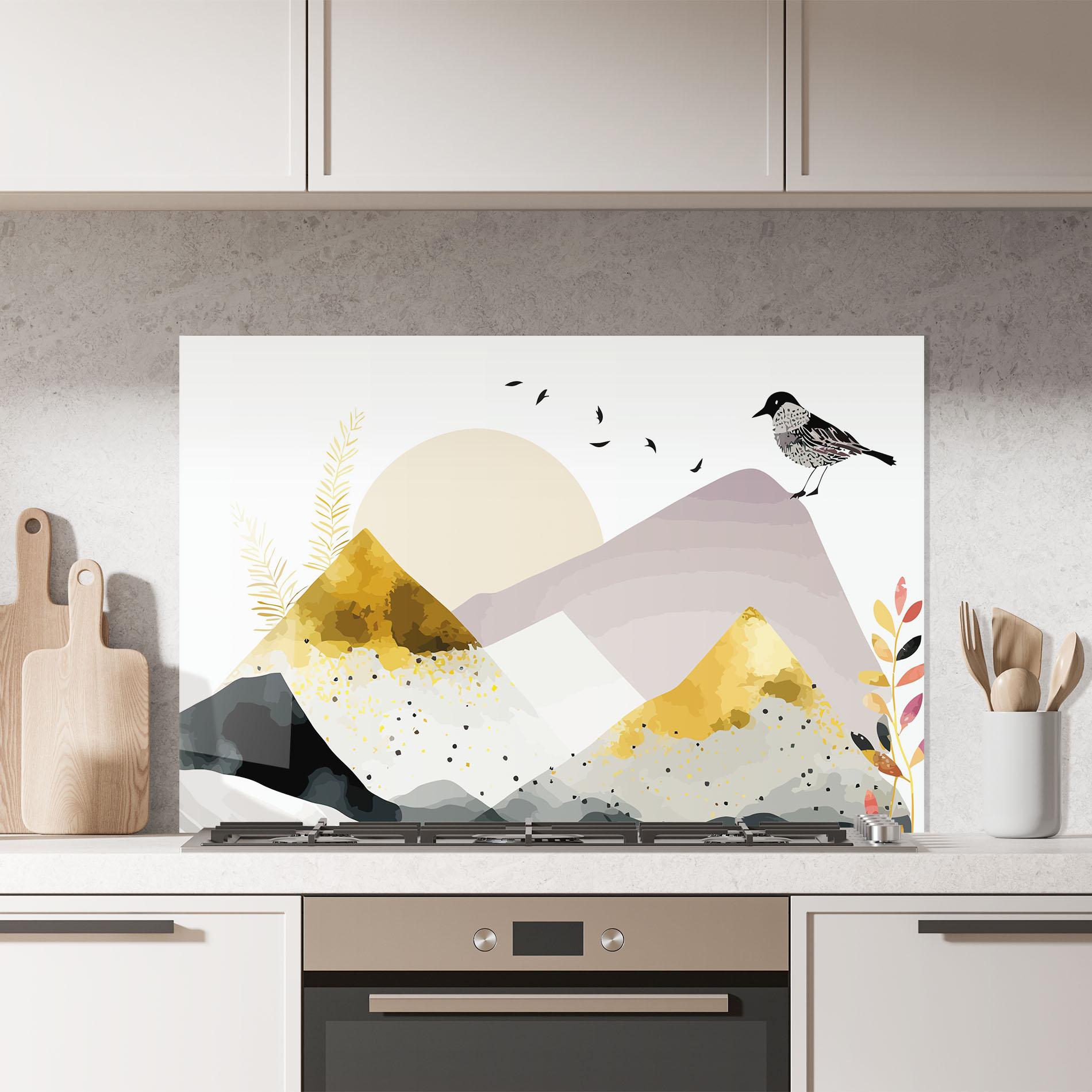 Küchenrückwand Glas Bird Gold Mountain mockup 7