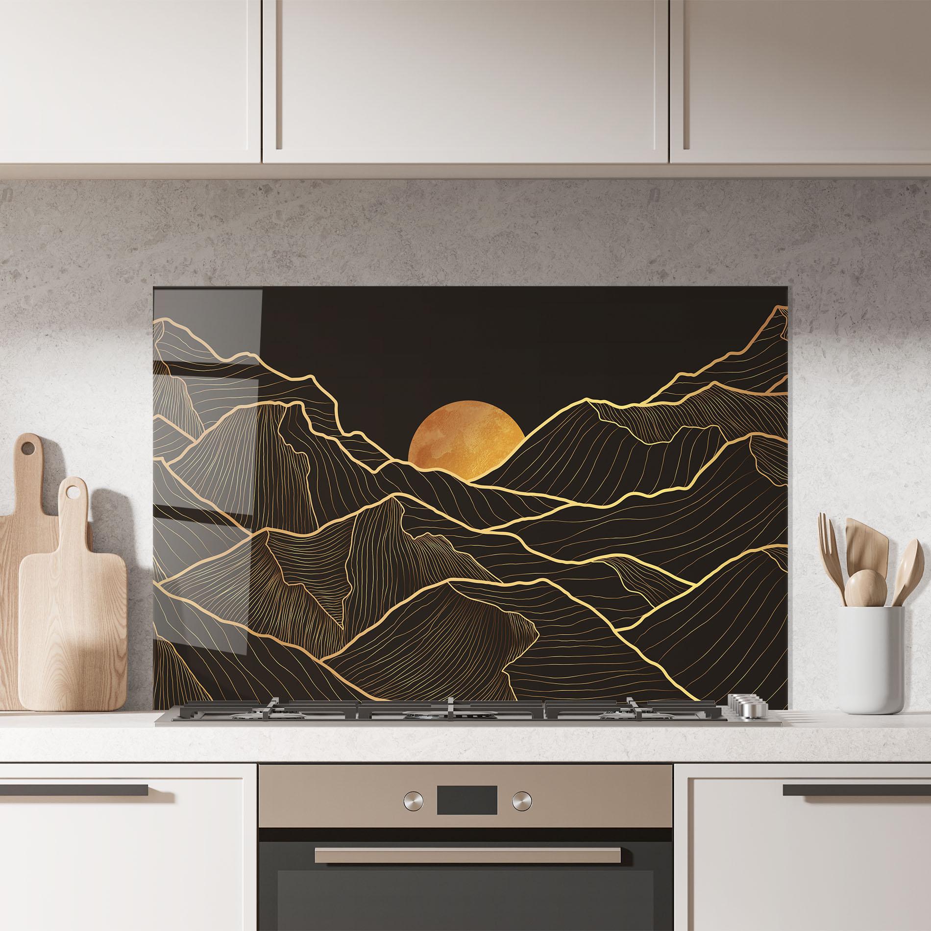 Küchenrückwand Glas Black Gold Mountains mockup 7
