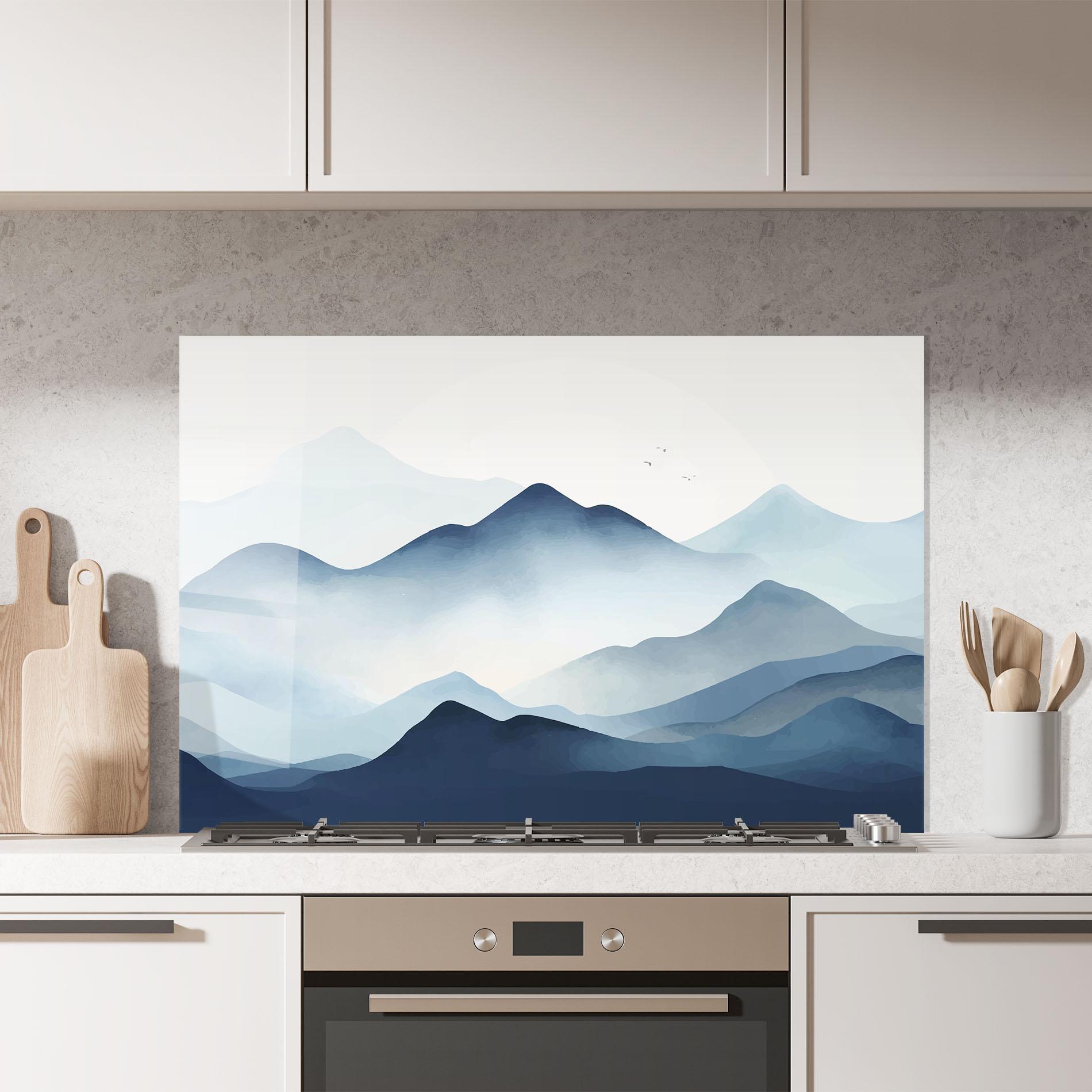 Küchenrückwand Glas Blue Foggy Mountain mockup 7