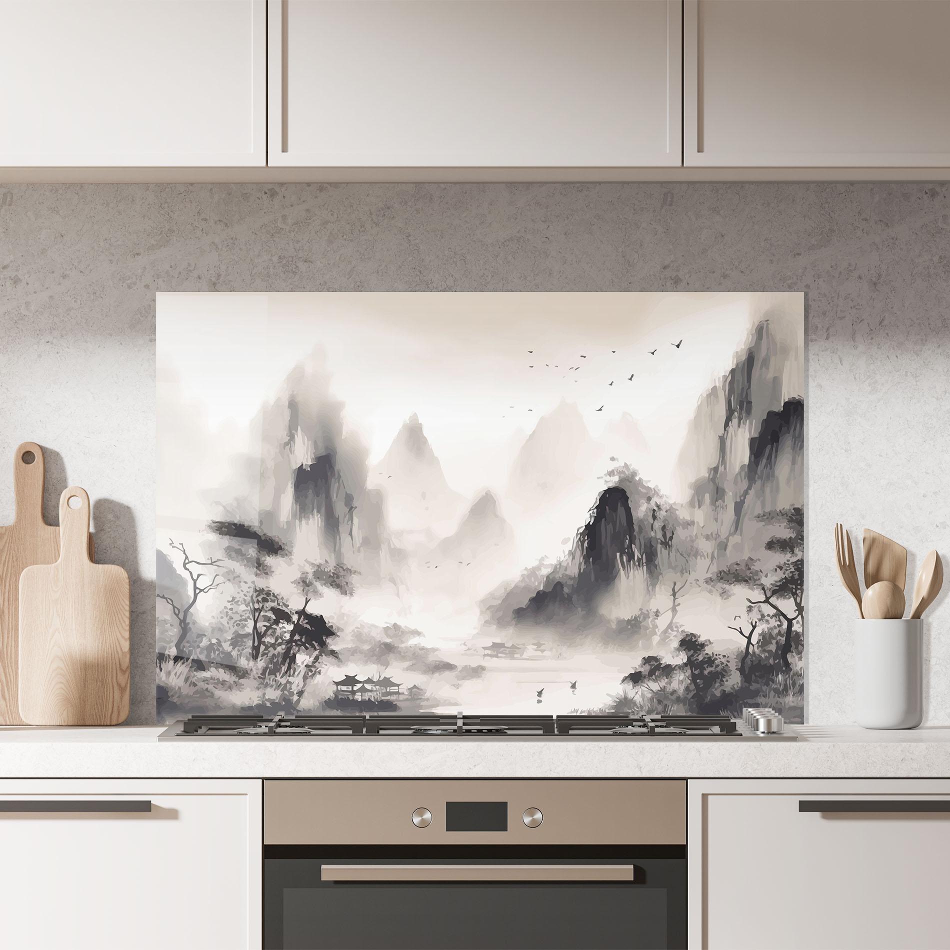 Küchenrückwand Glas Far Away Mountain mockup 7