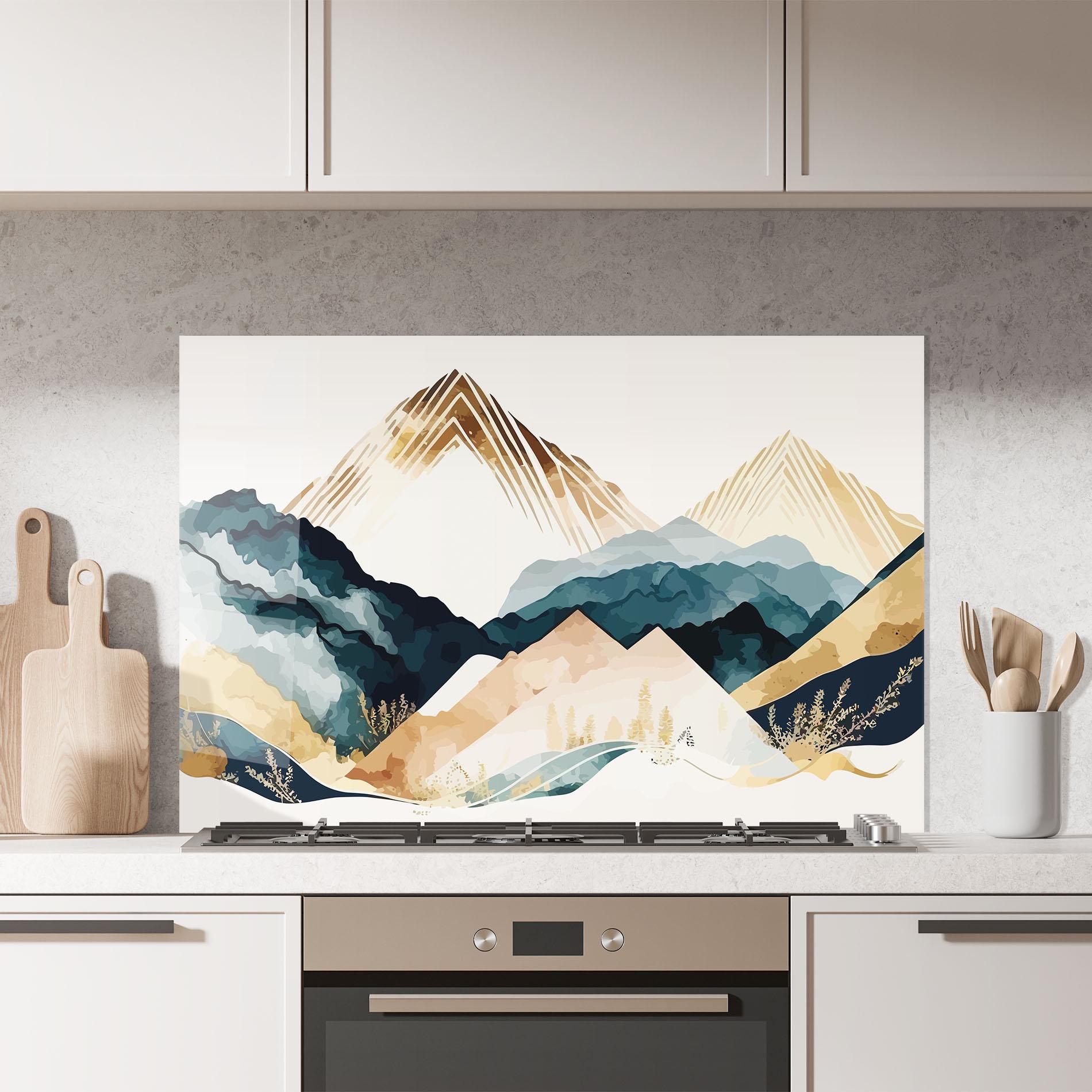 Küchenrückwand Glas Gold Green Mountain mockup 7
