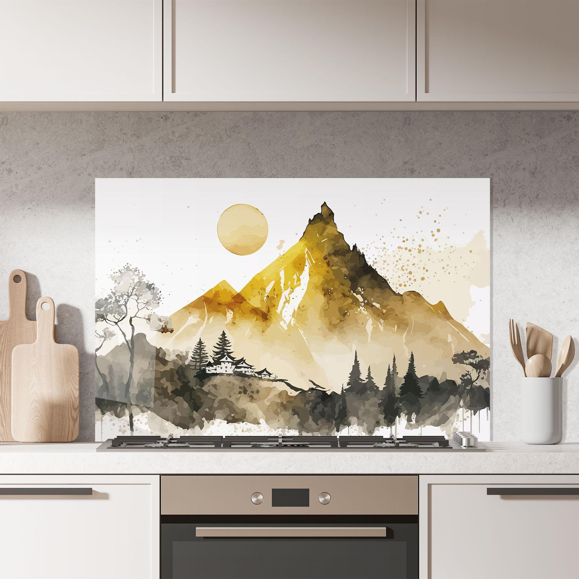Küchenrückwand Glas Gold Mountain Art mockup 7