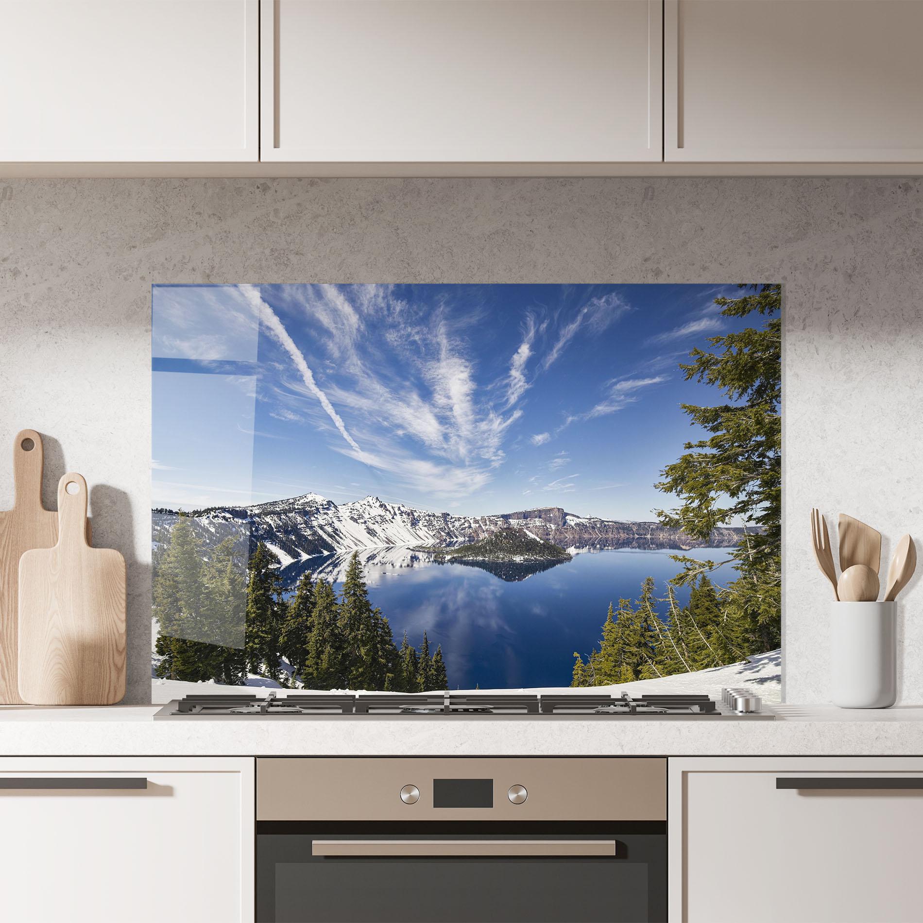 Küchenrückwand Glas White Snowy Mountain mockup 7
