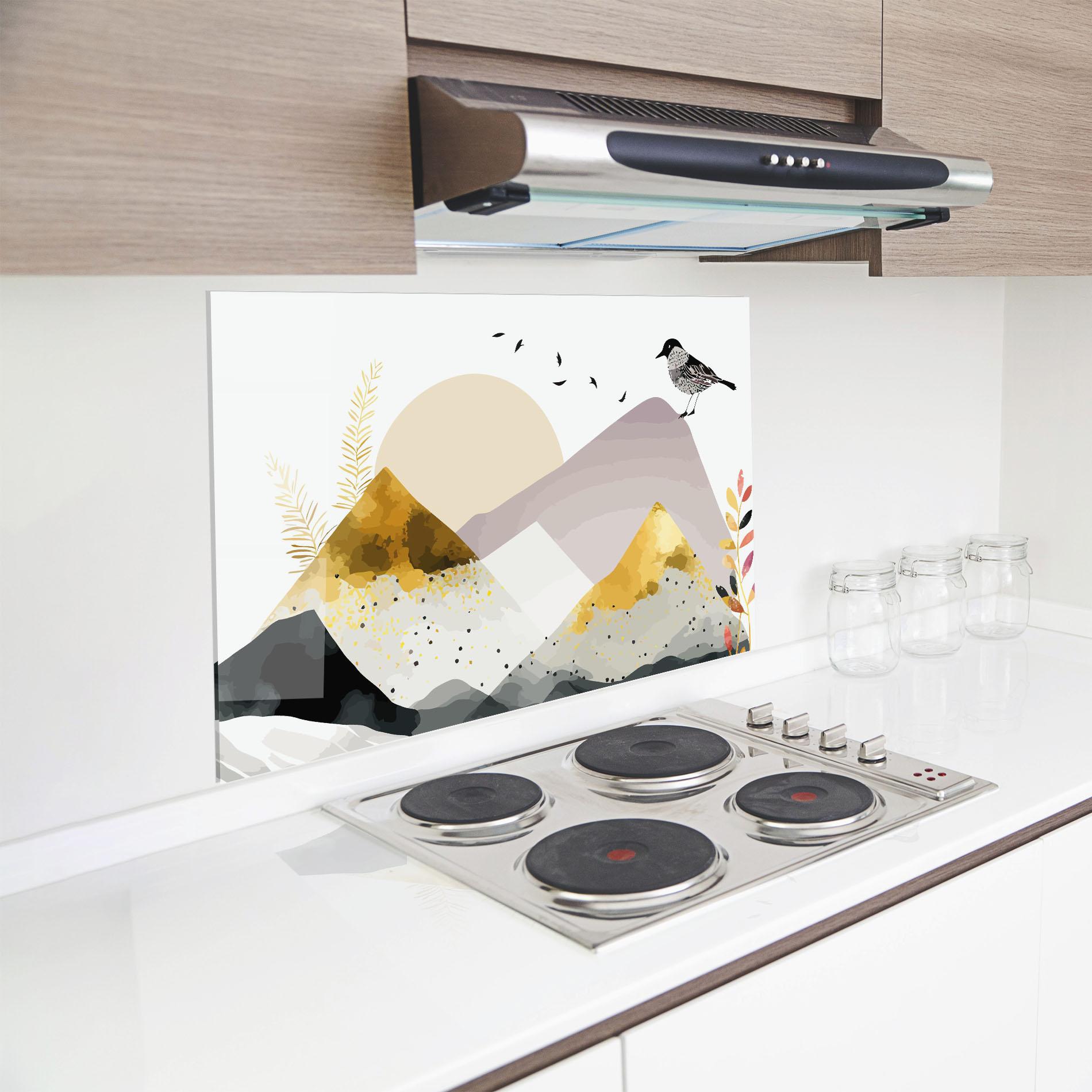 Küchenrückwand Glas Bird Gold Mountain mockup 8