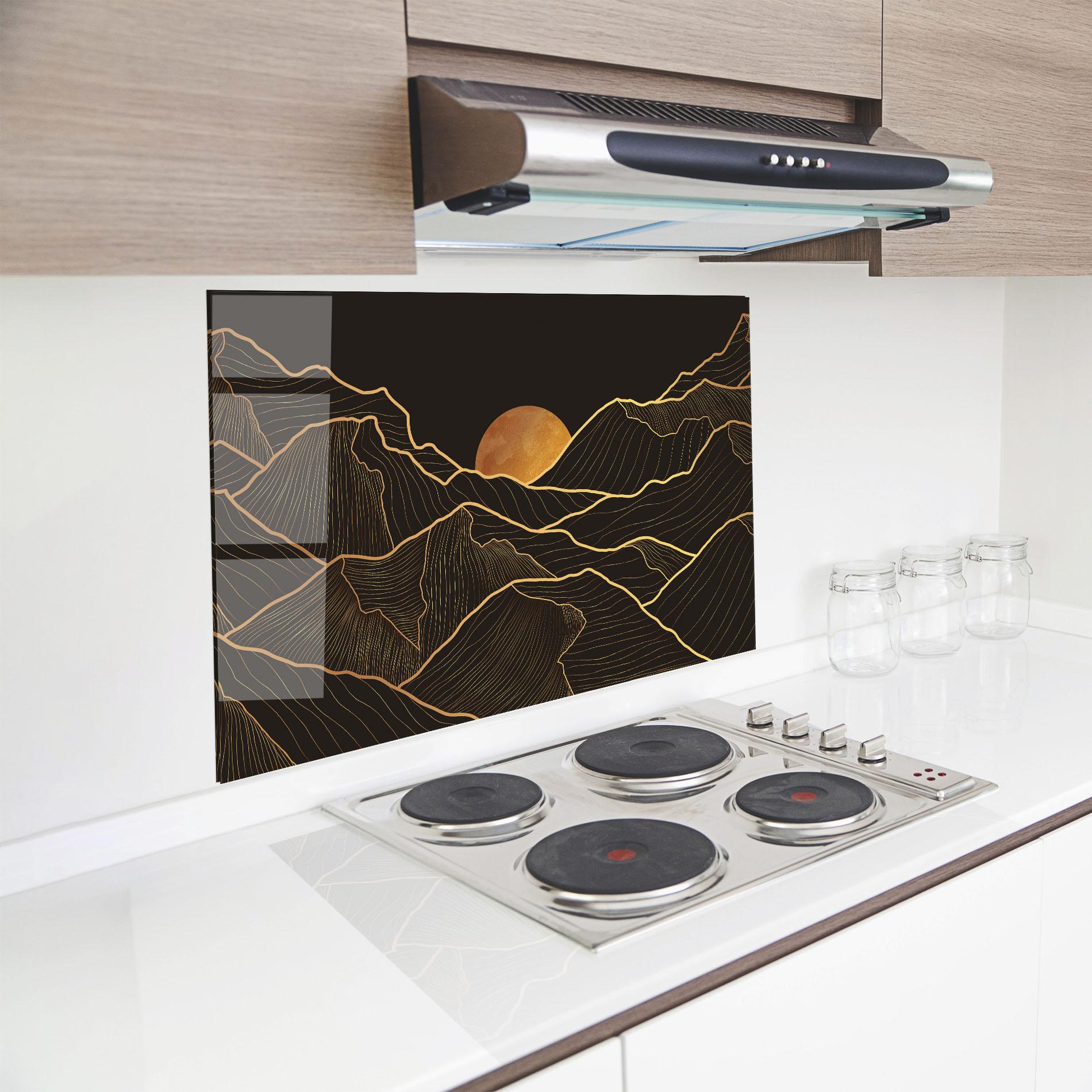 Küchenrückwand Glas Black Gold Mountains mockup 8