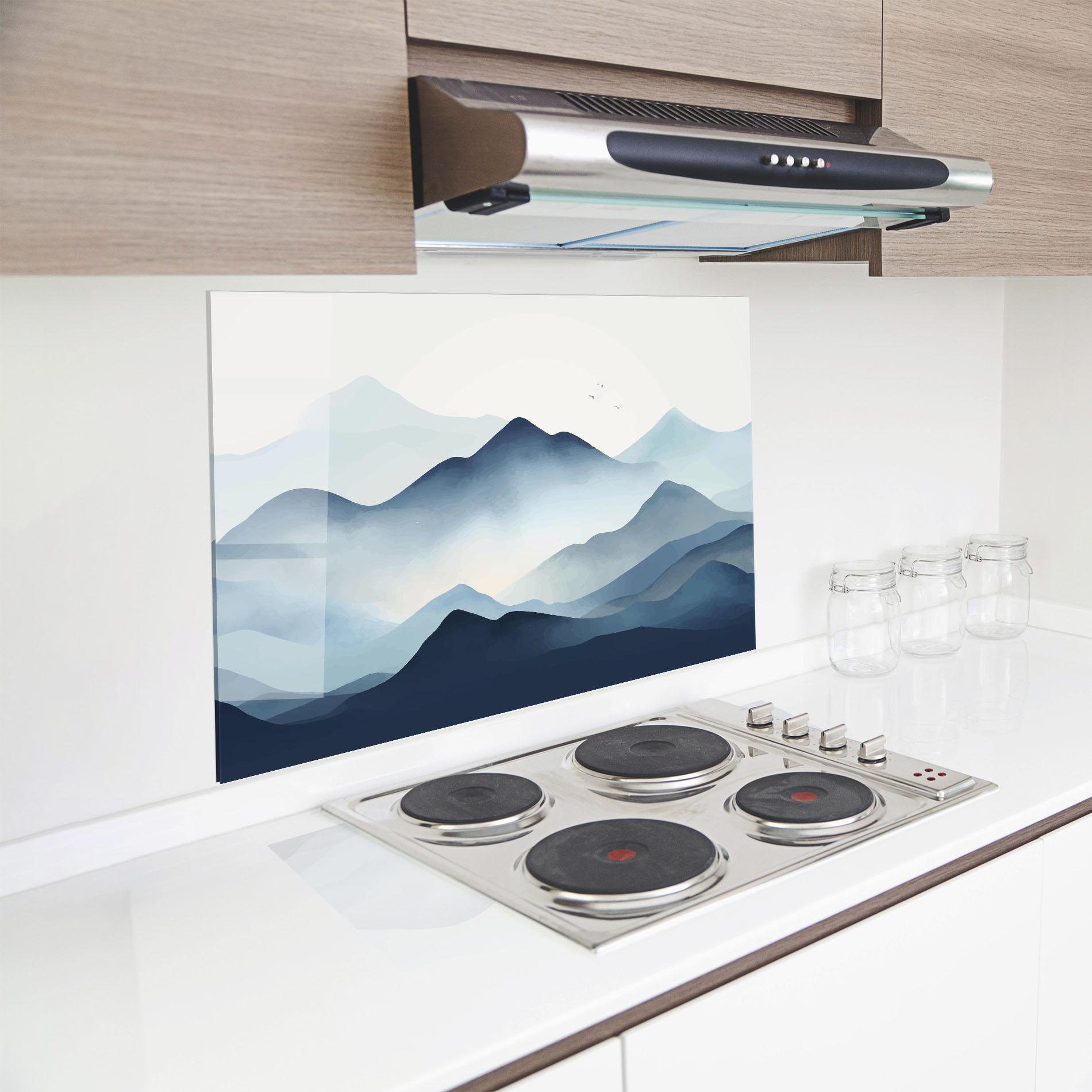 Küchenrückwand Glas Blue Foggy Mountain mockup 8