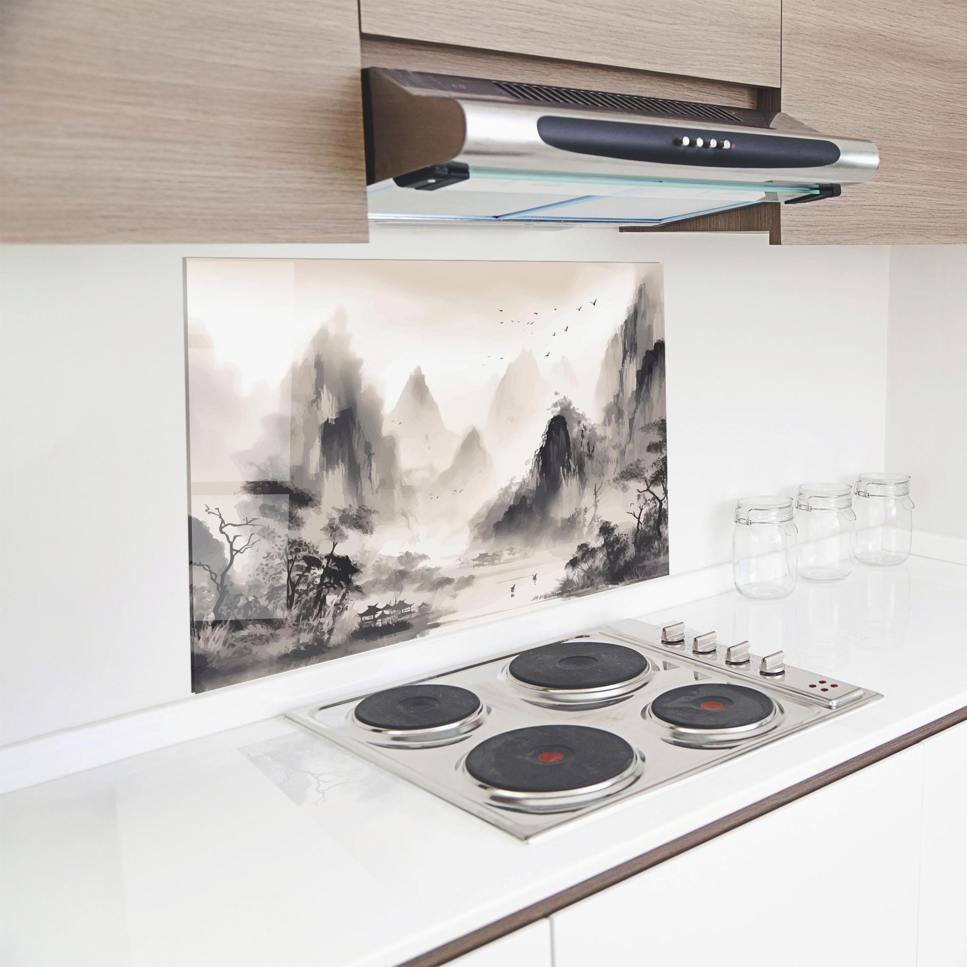 Küchenrückwand Glas Far Away Mountain mockup 8