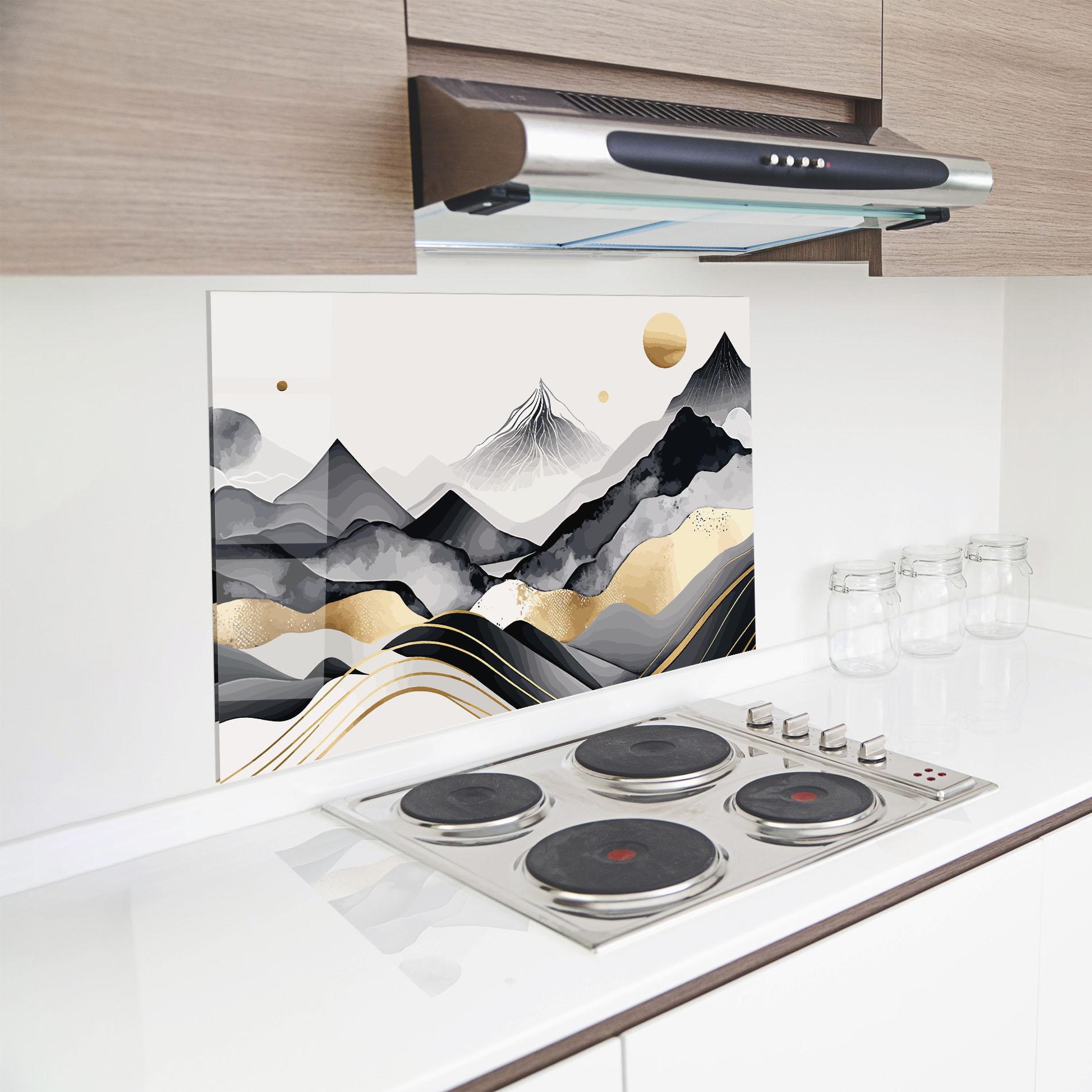 Küchenrückwand Glas Gold Black Mountain mockup 8