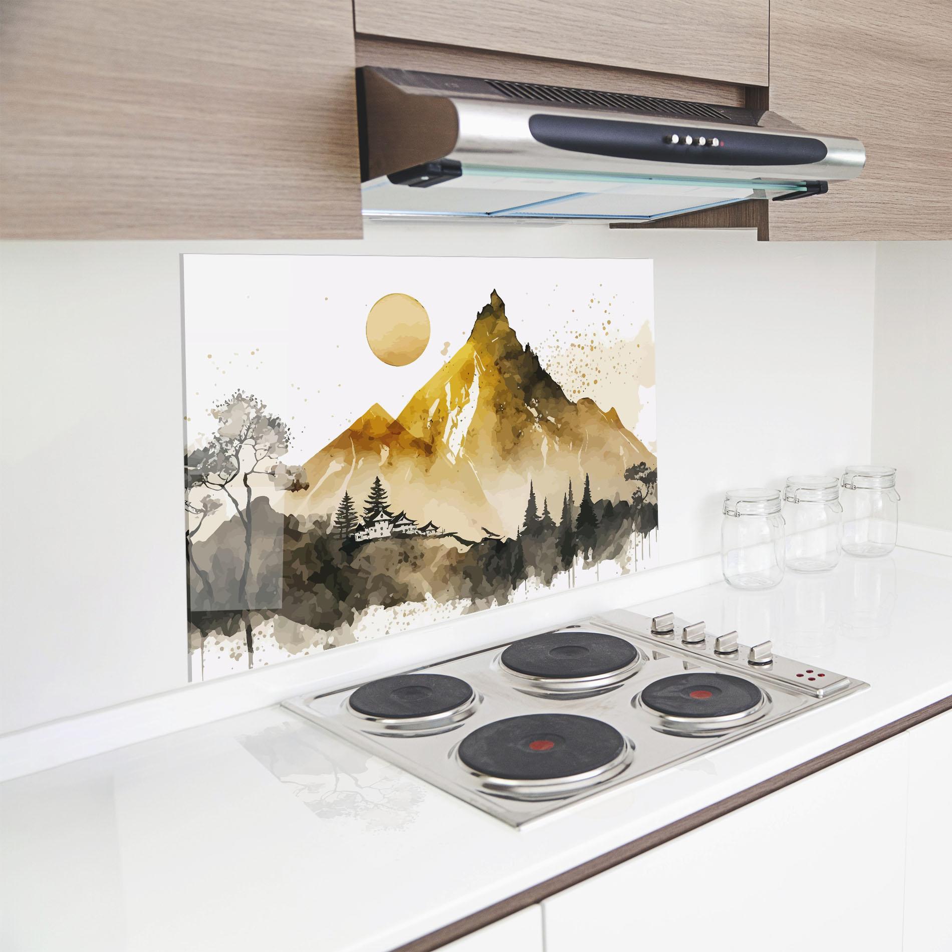 Küchenrückwand Glas Gold Mountain Art mockup 8