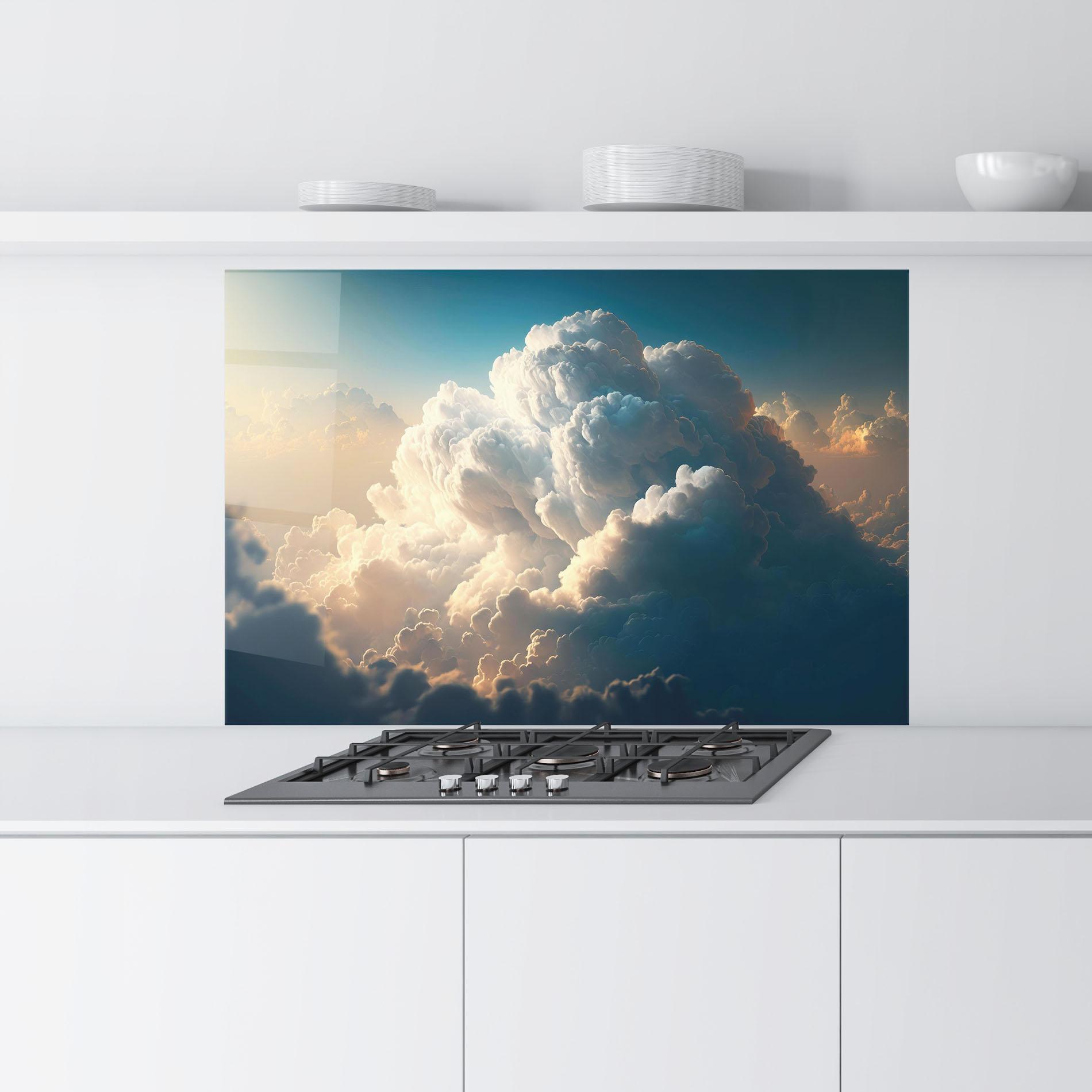 Küchenrückwand Glas Big Puffy Clouds mockup 9