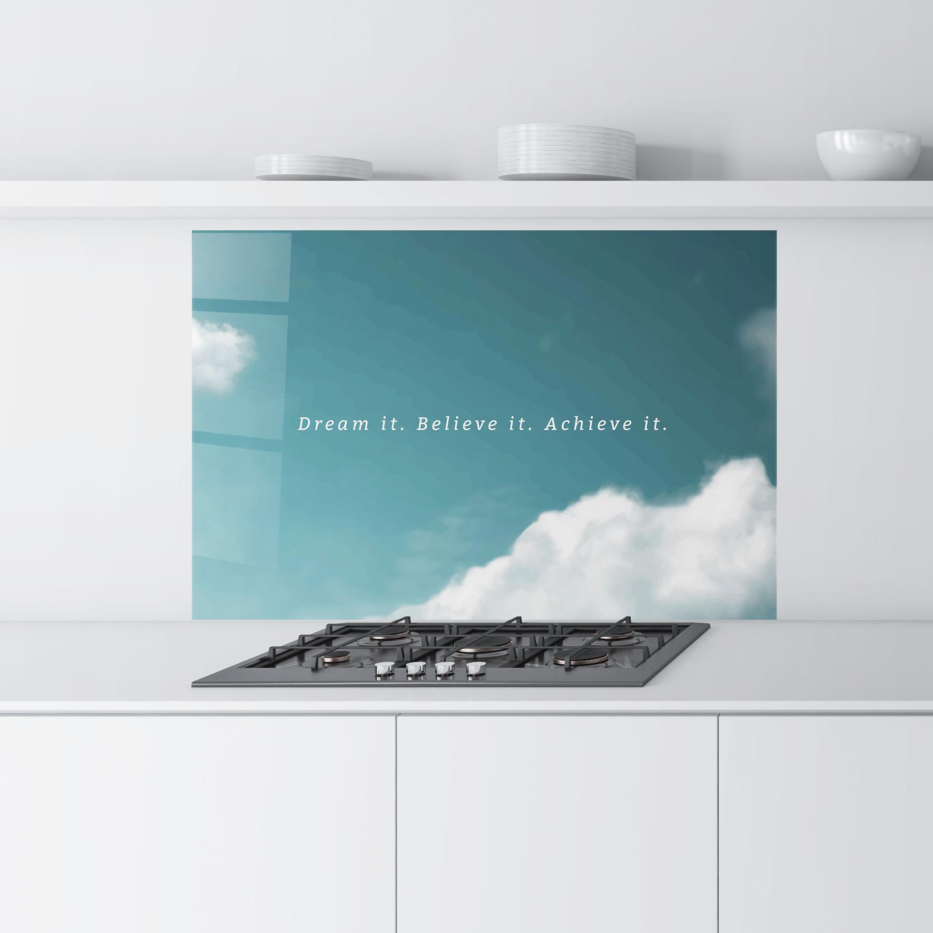 Küchenrückwand Glas Clouds Text Green mockup 9