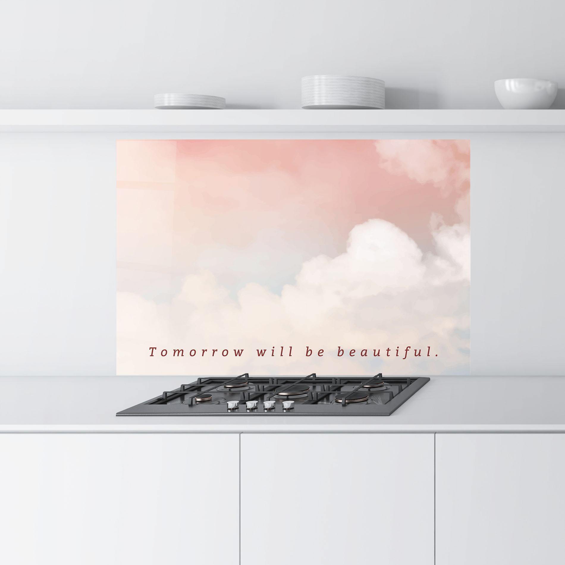 Küchenrückwand Glas Clouds Text Pink Blue mockup 9