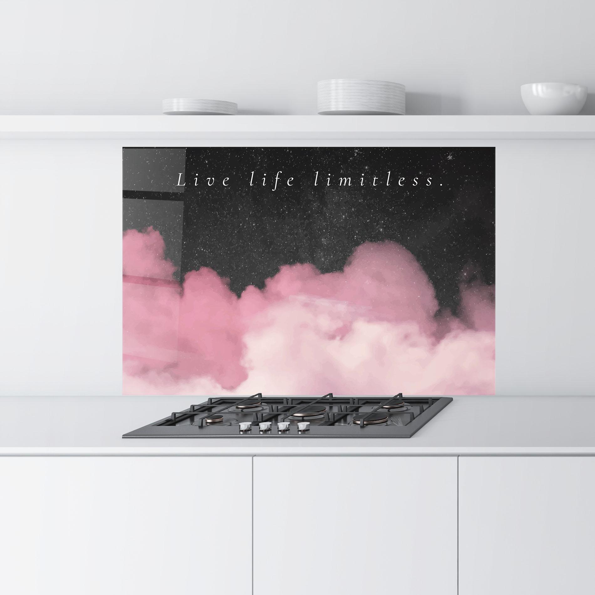 Küchenrückwand Glas Clouds Text Pink mockup 9