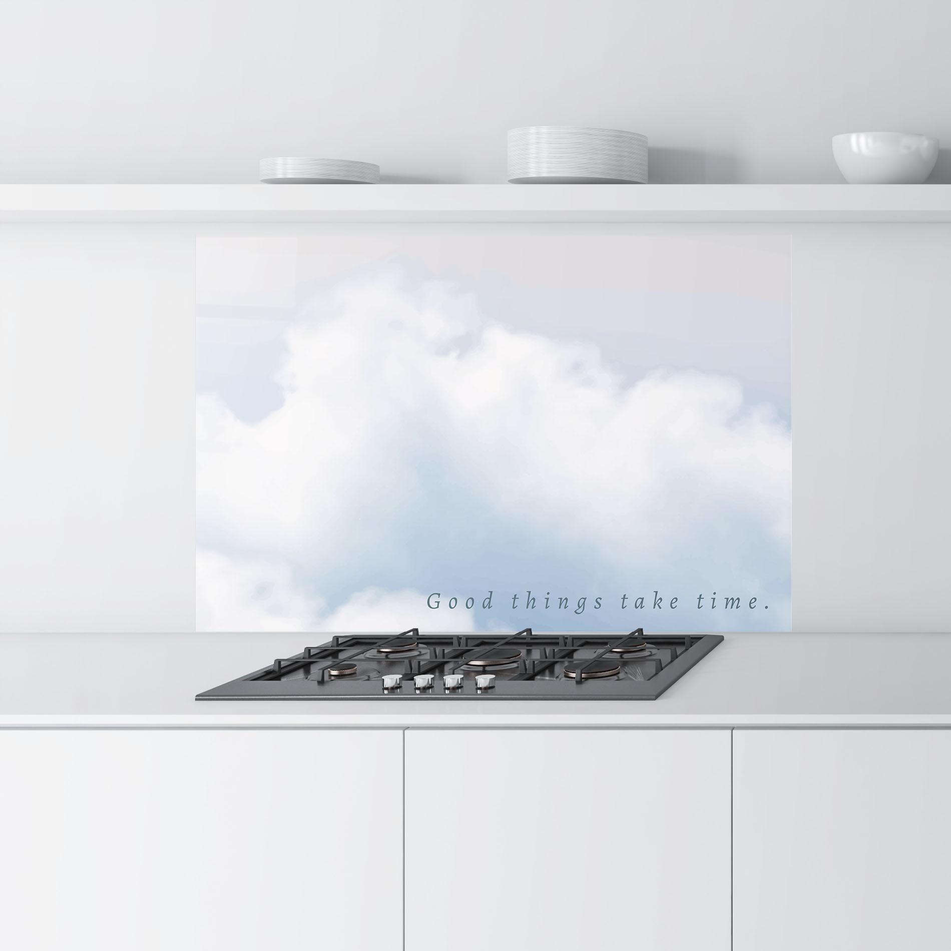 Küchenrückwand Glas Clouds Text White mockup 9
