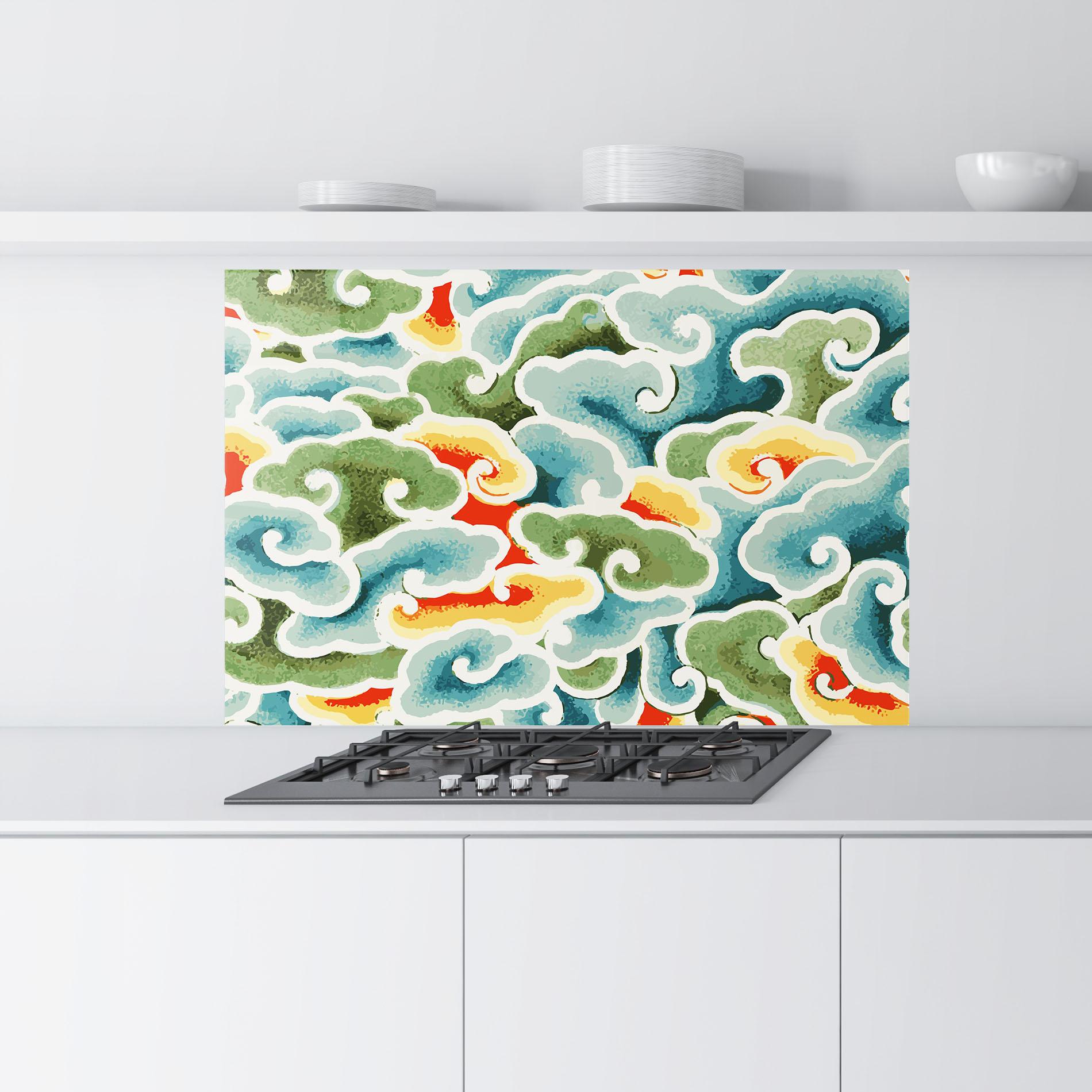 Küchenrückwand Glas Green Blue Clouds mockup 9