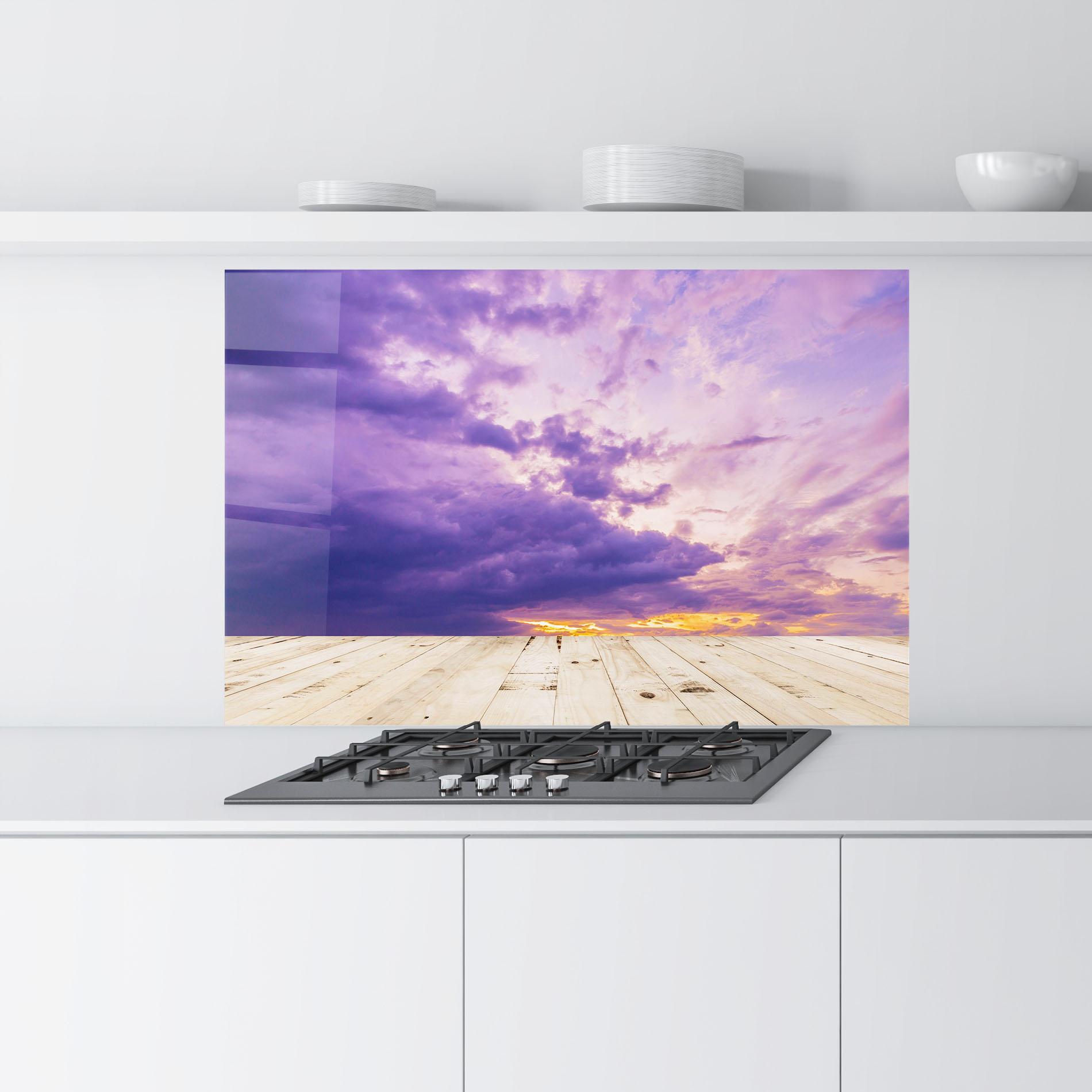 Küchenrückwand Glas Wood Table Clouds mockup 9