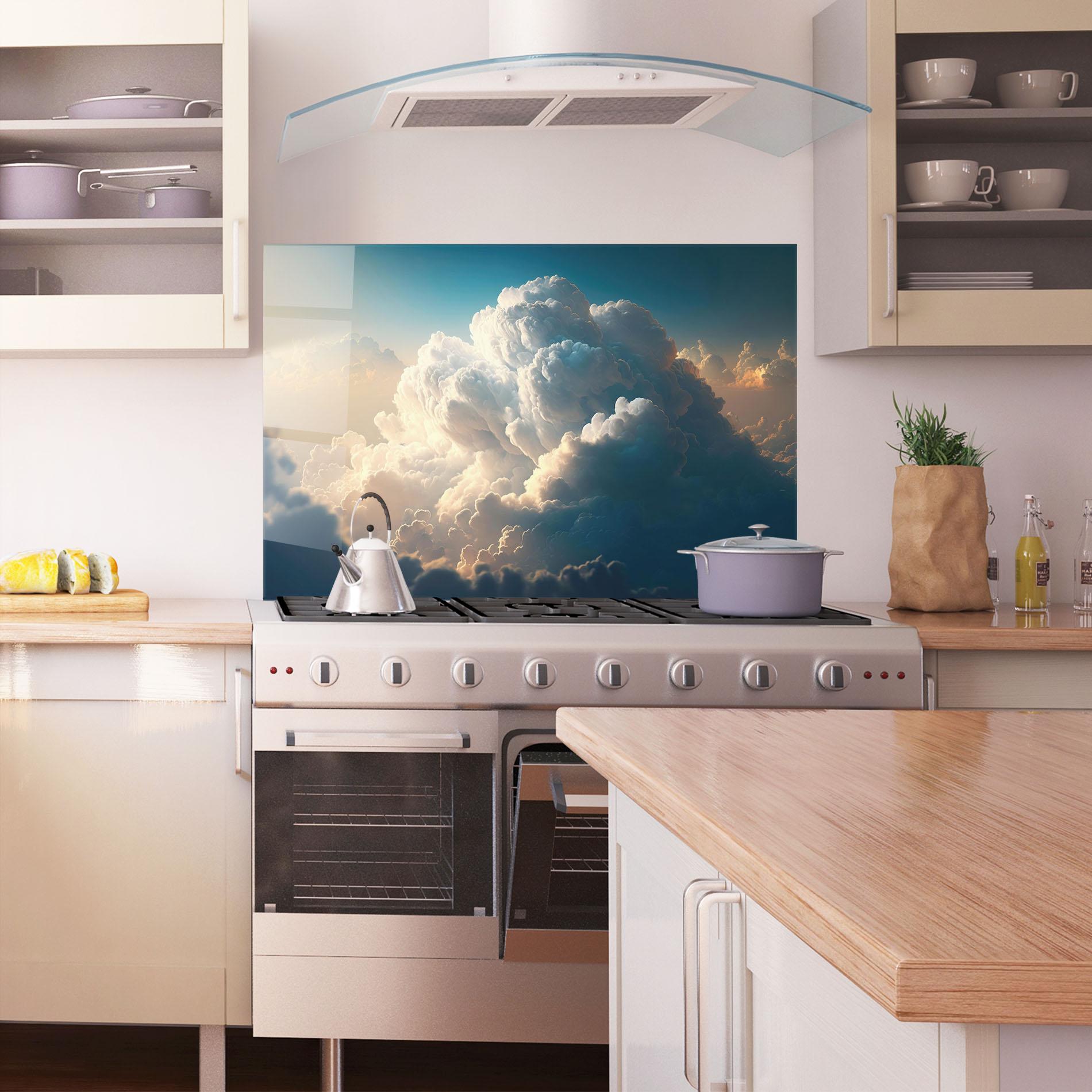 Küchenrückwand Glas Big Puffy Clouds mockup 1