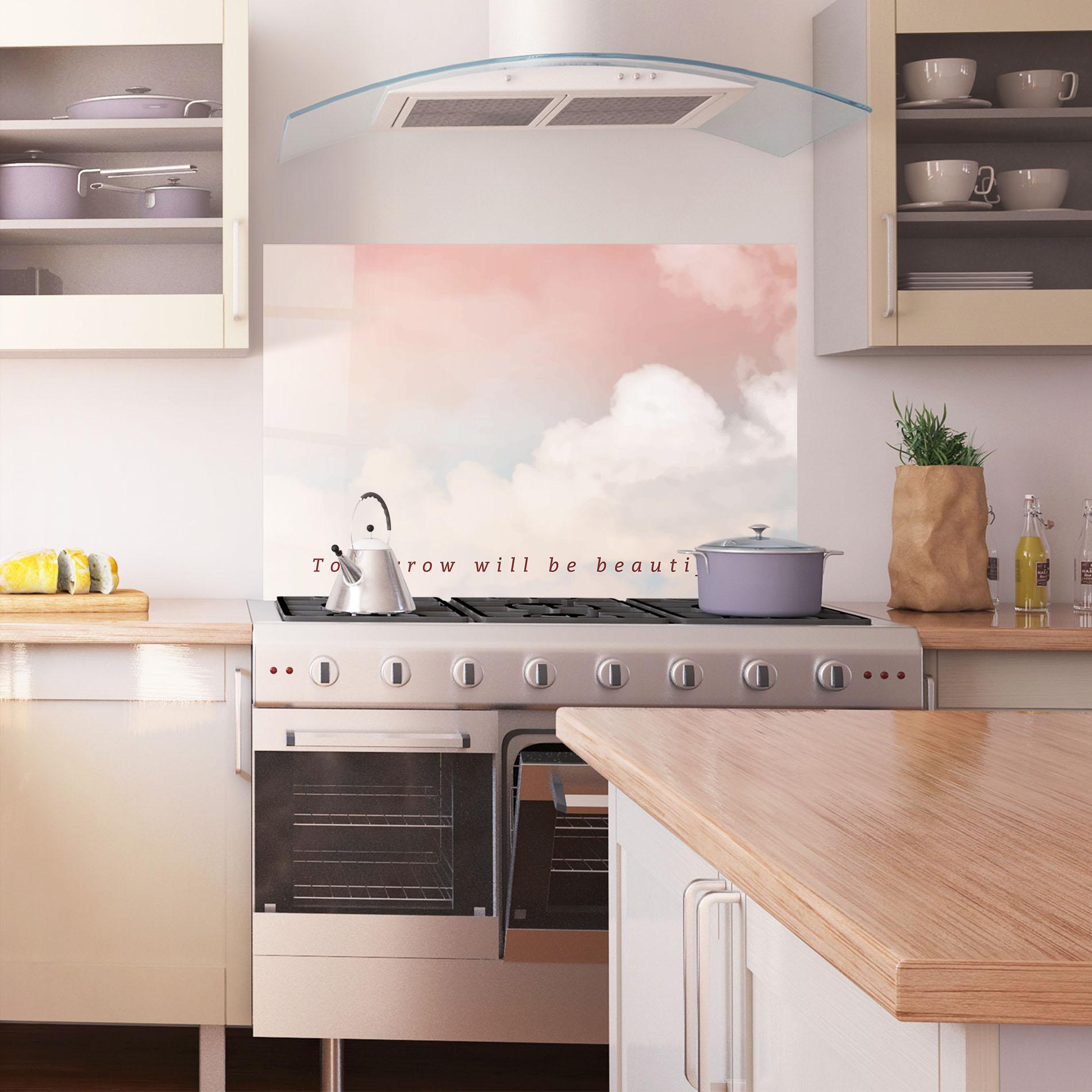 Küchenrückwand Glas Clouds Text Pink Blue mockup 1