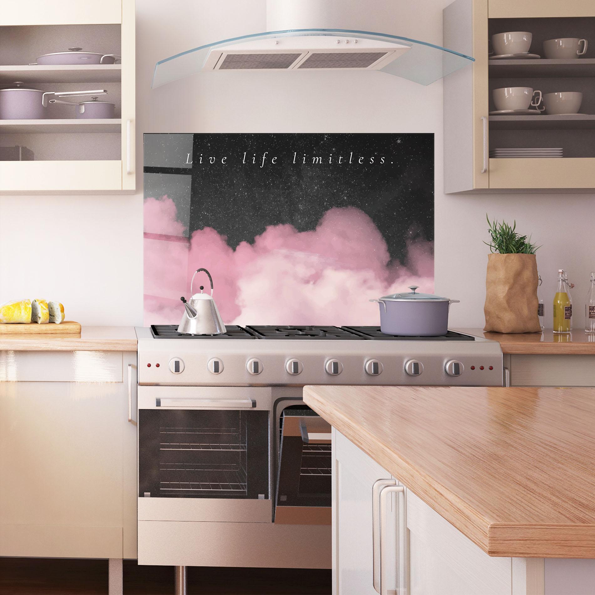 Küchenrückwand Glas Clouds Text Pink mockup 1