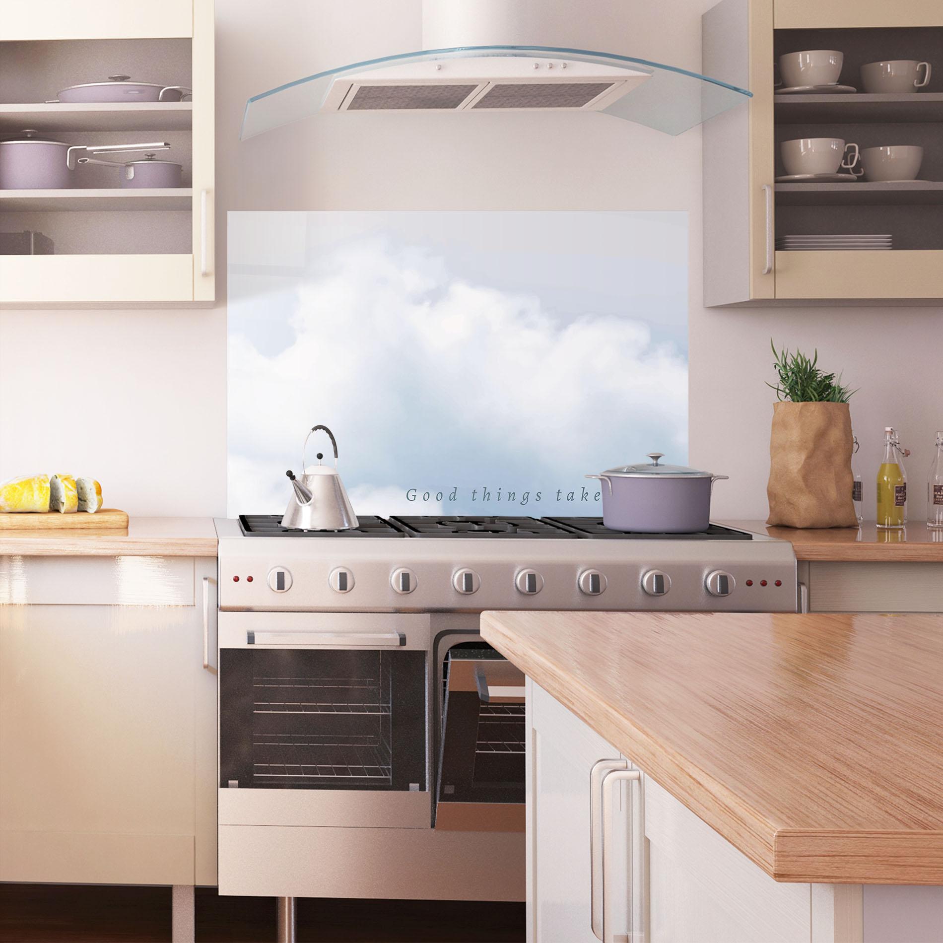 Küchenrückwand Glas Clouds Text White mockup 1