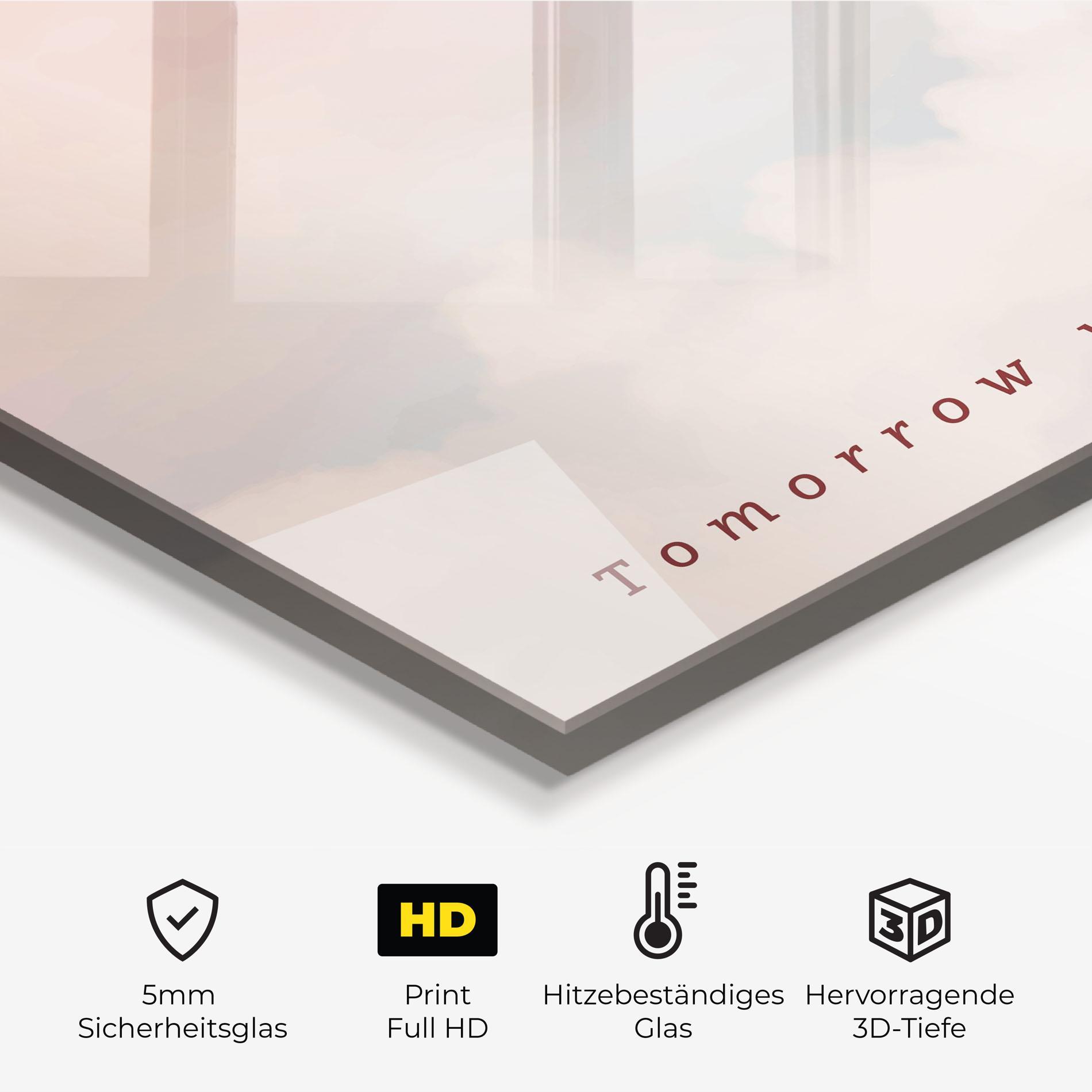 Küchenrückwand Glas Clouds Text Pink Blue mockup 2