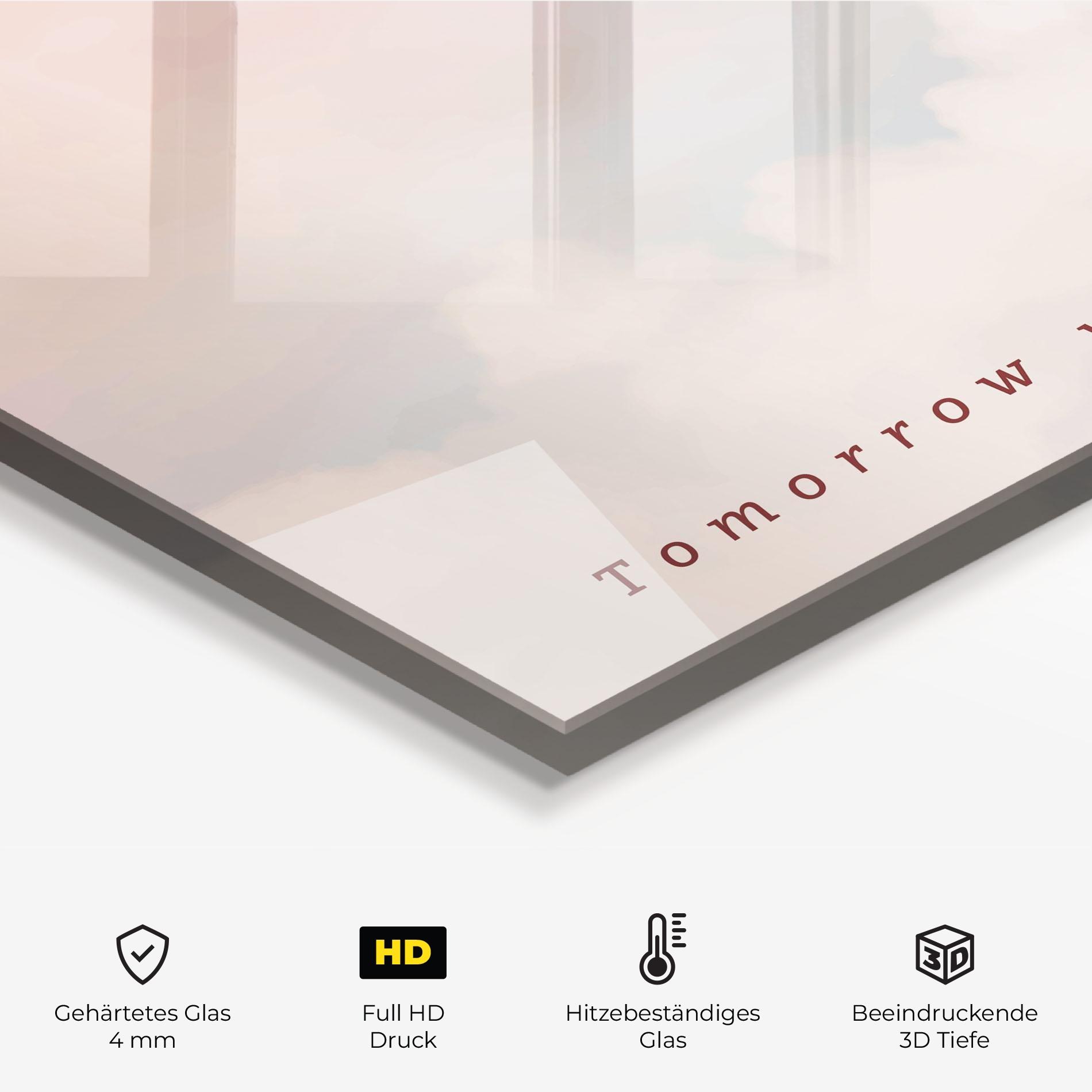 Küchenrückwand Glas Clouds Text Pink Blue mockup 2