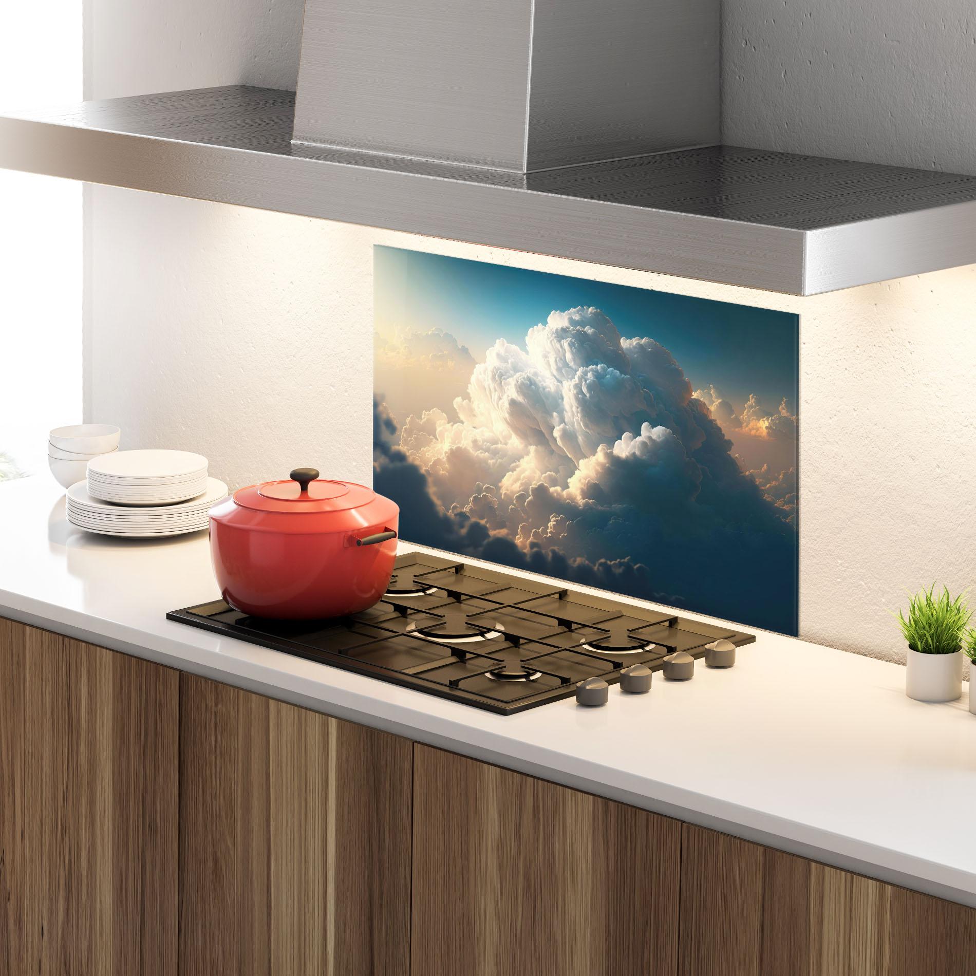 Küchenrückwand Glas Big Puffy Clouds mockup 4