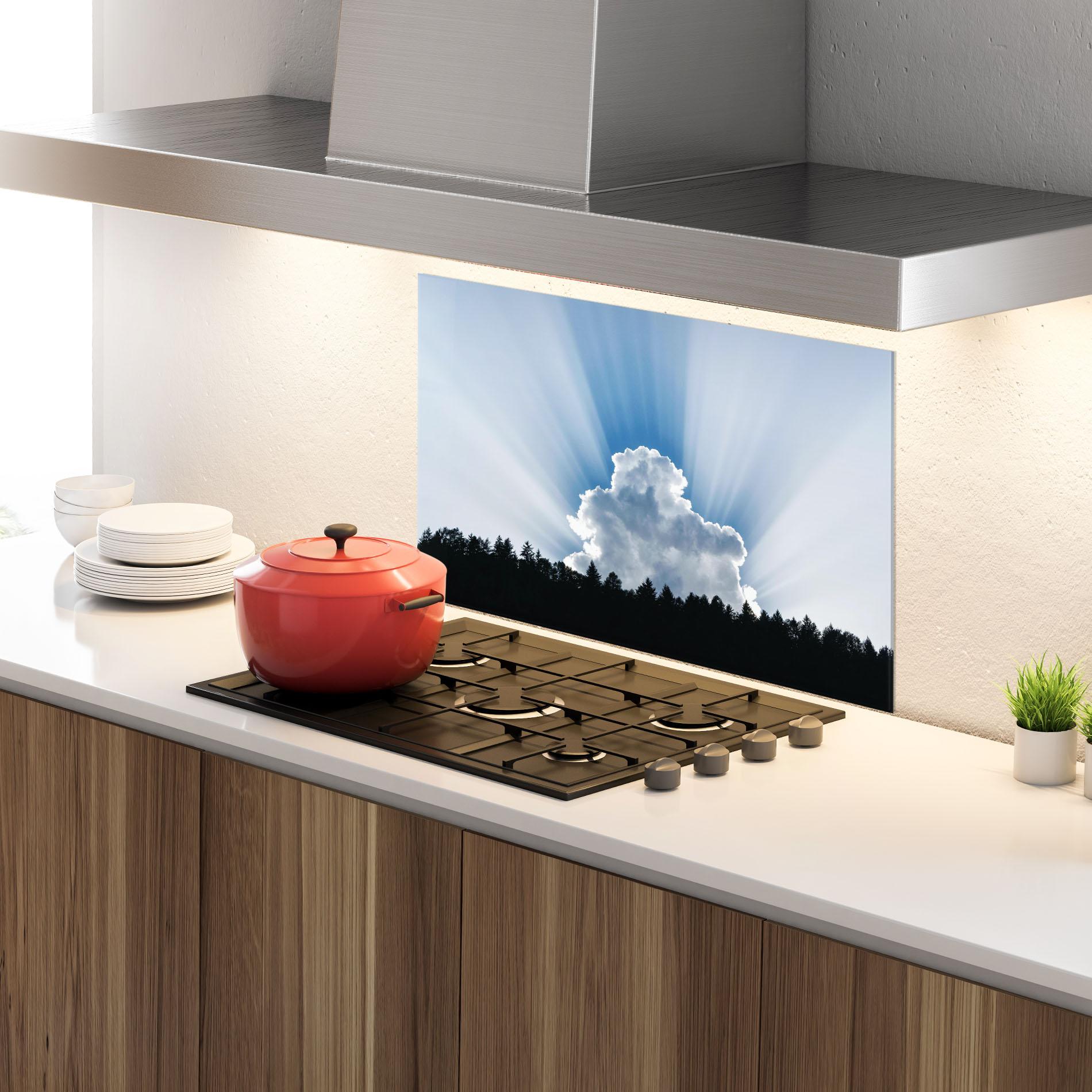 Küchenrückwand Glas Big White Cloud Light mockup 4