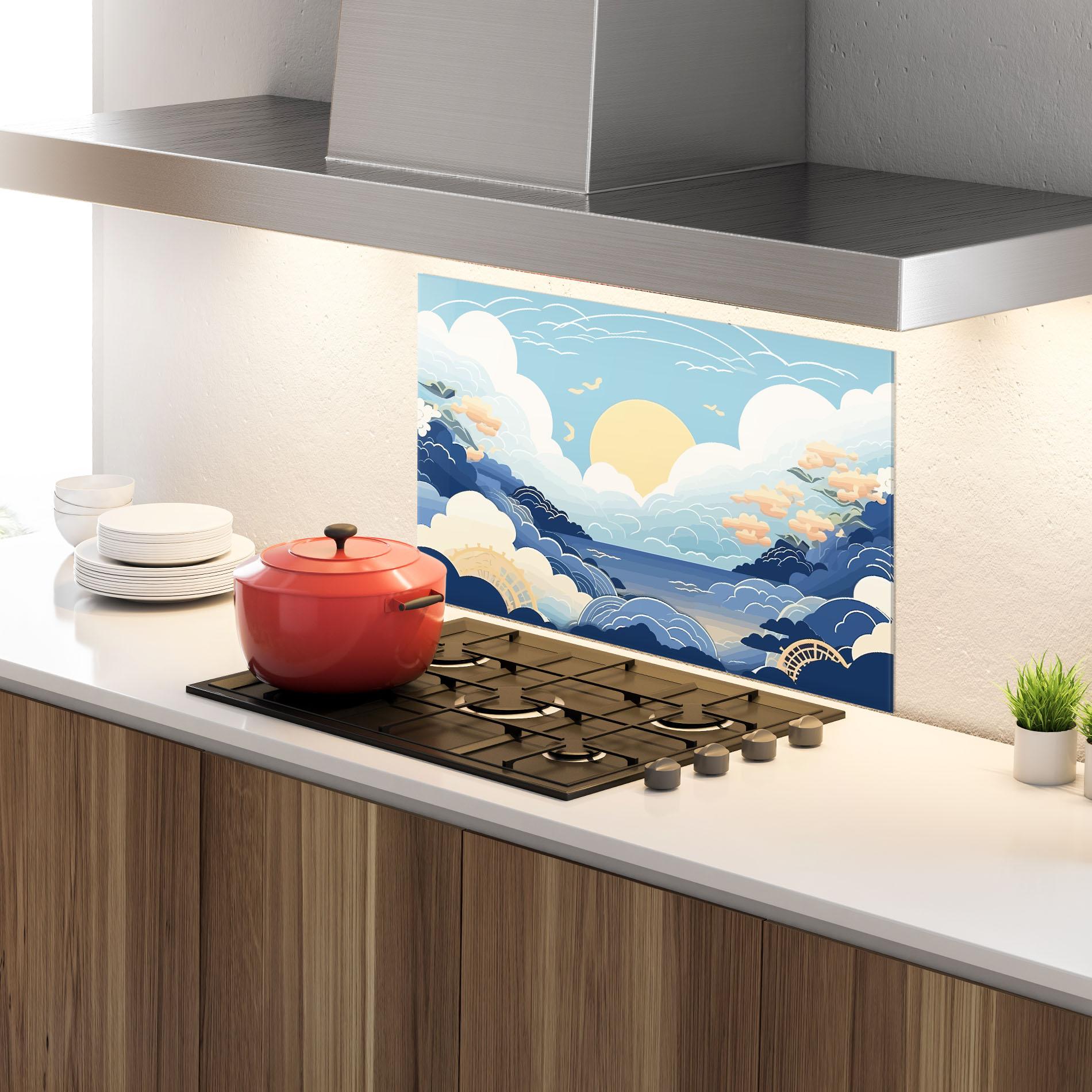Küchenrückwand Glas Big White Clouds mockup 4