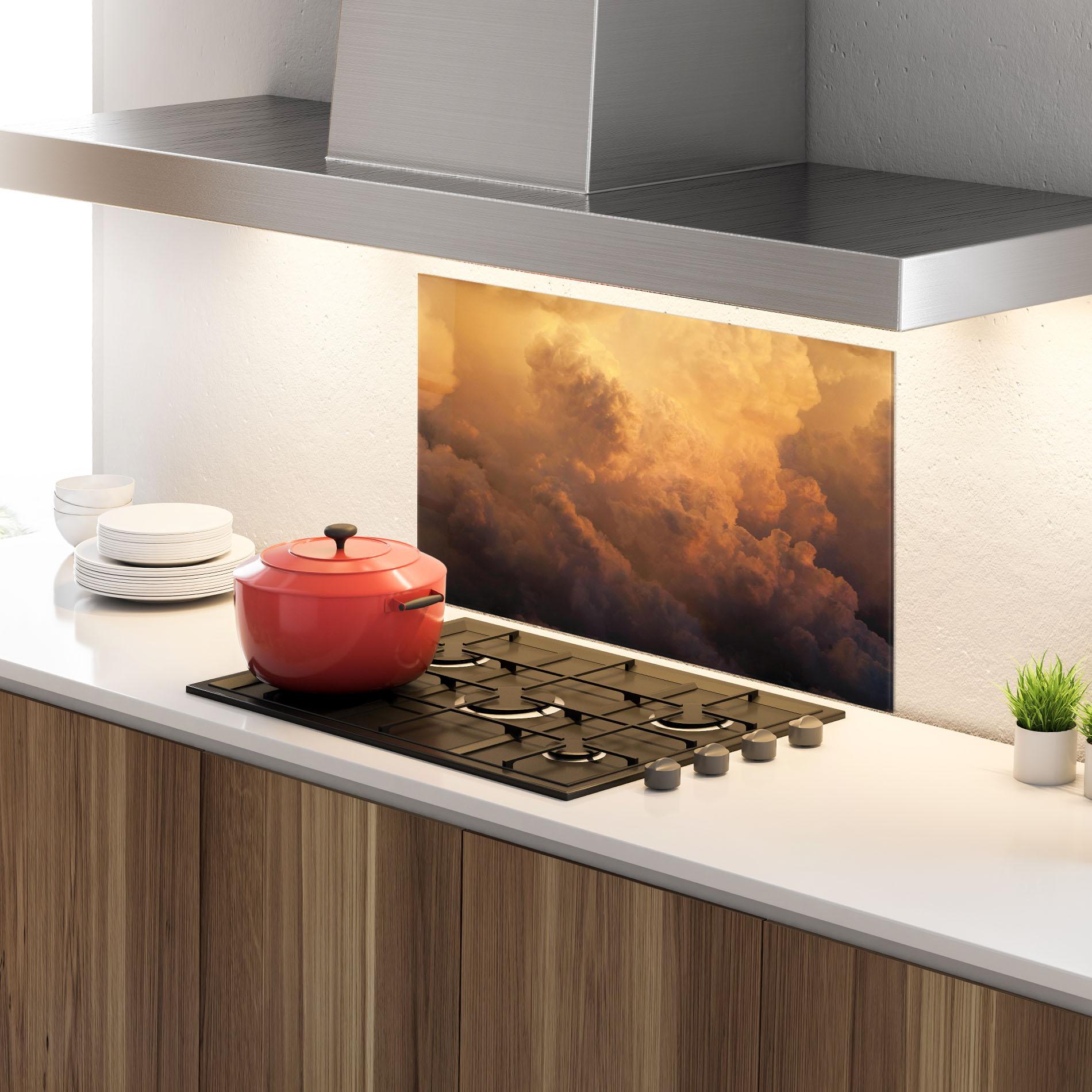 Küchenrückwand Glas Brown Orange Clouds mockup 4