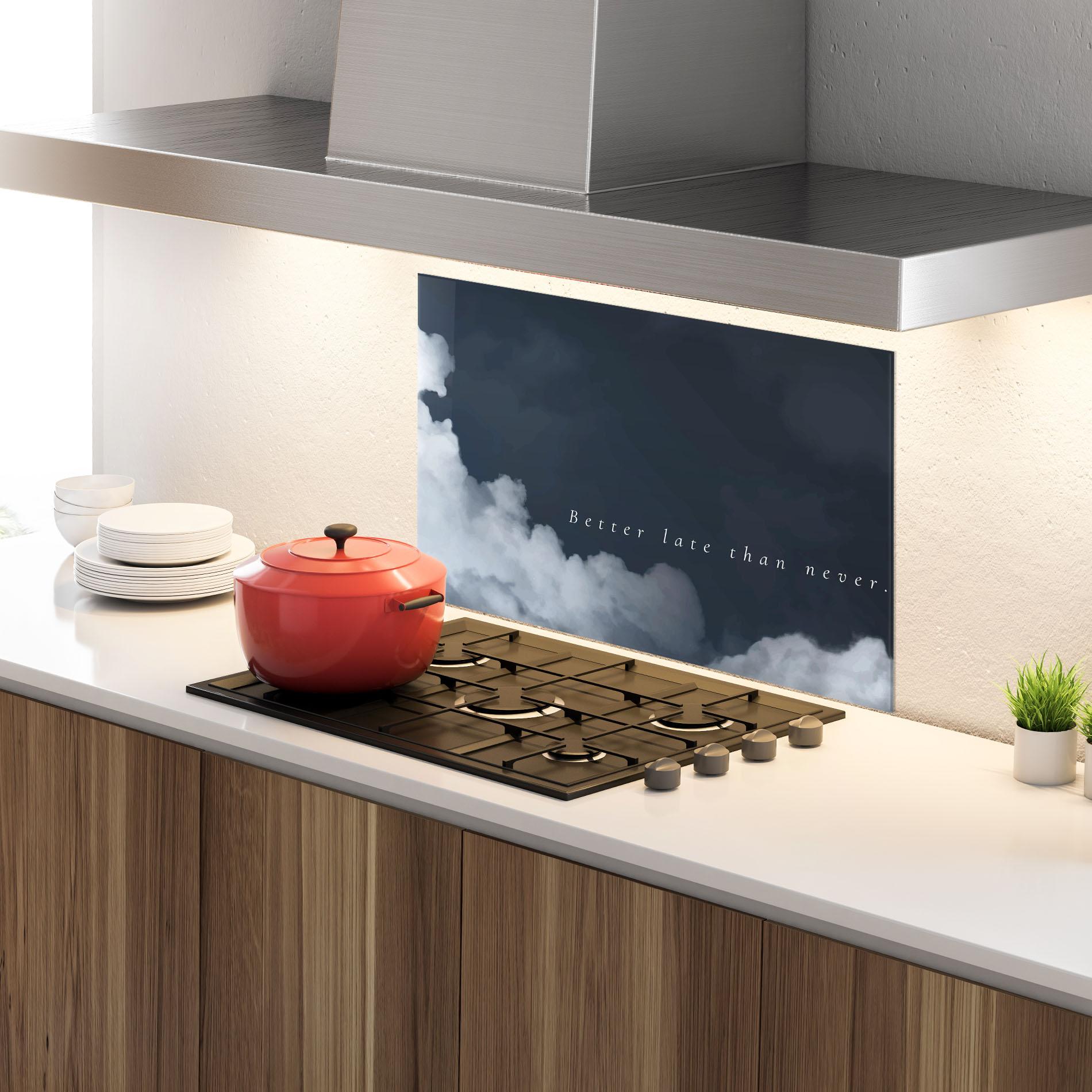 Küchenrückwand Glas Clouds Text Black mockup 4