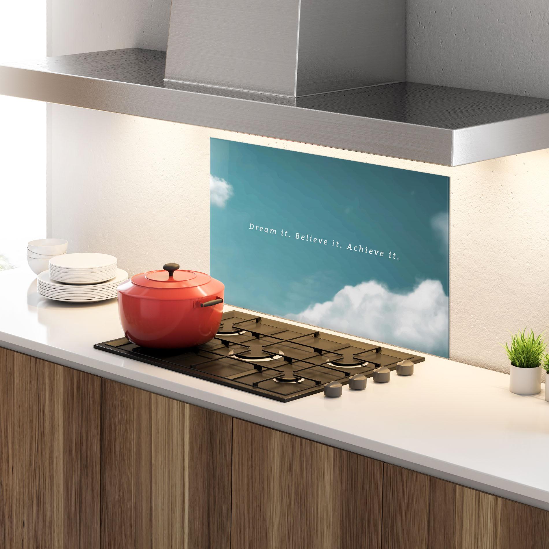Küchenrückwand Glas Clouds Text Green mockup 4