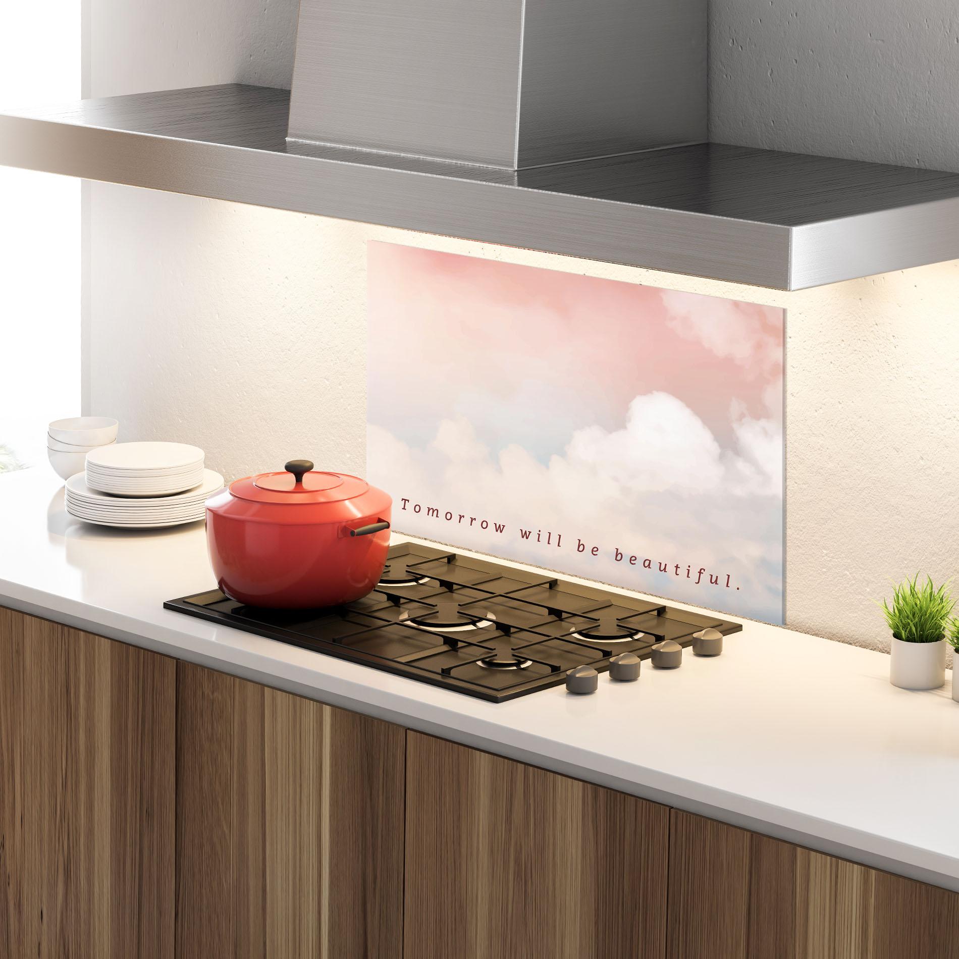 Küchenrückwand Glas Clouds Text Pink Blue mockup 4