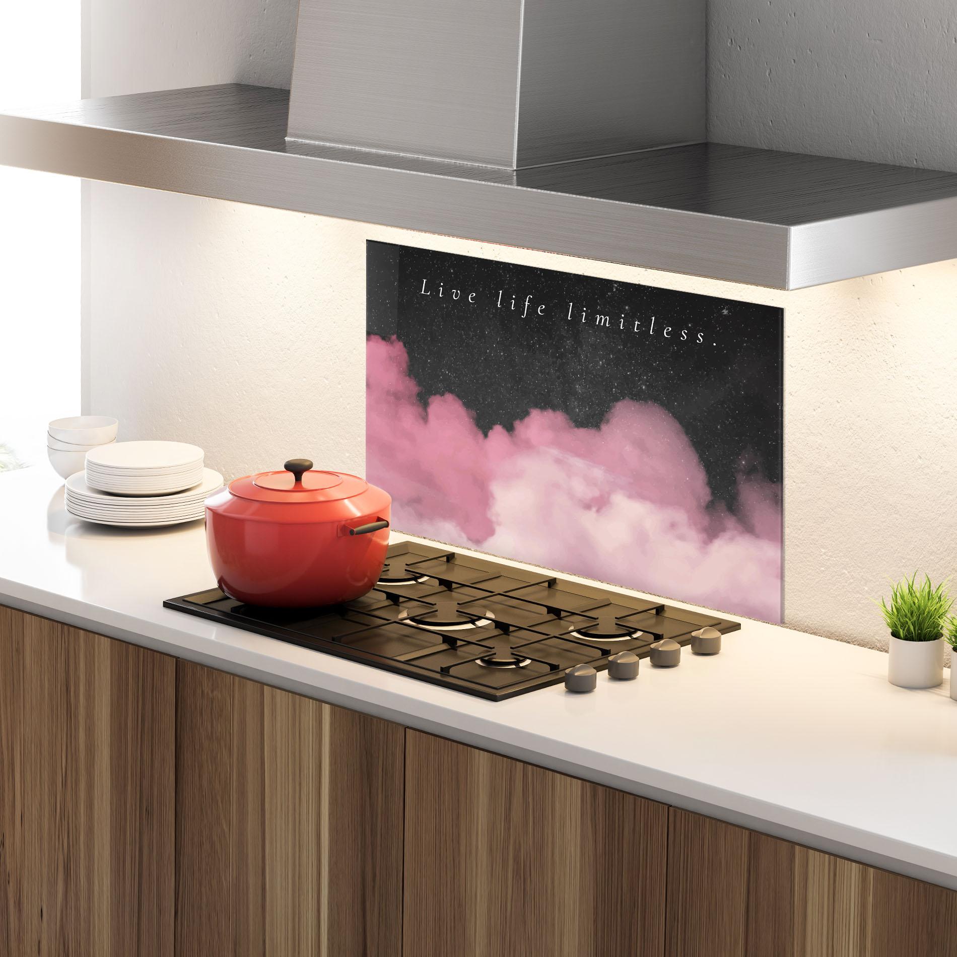 Küchenrückwand Glas Clouds Text Pink mockup 4