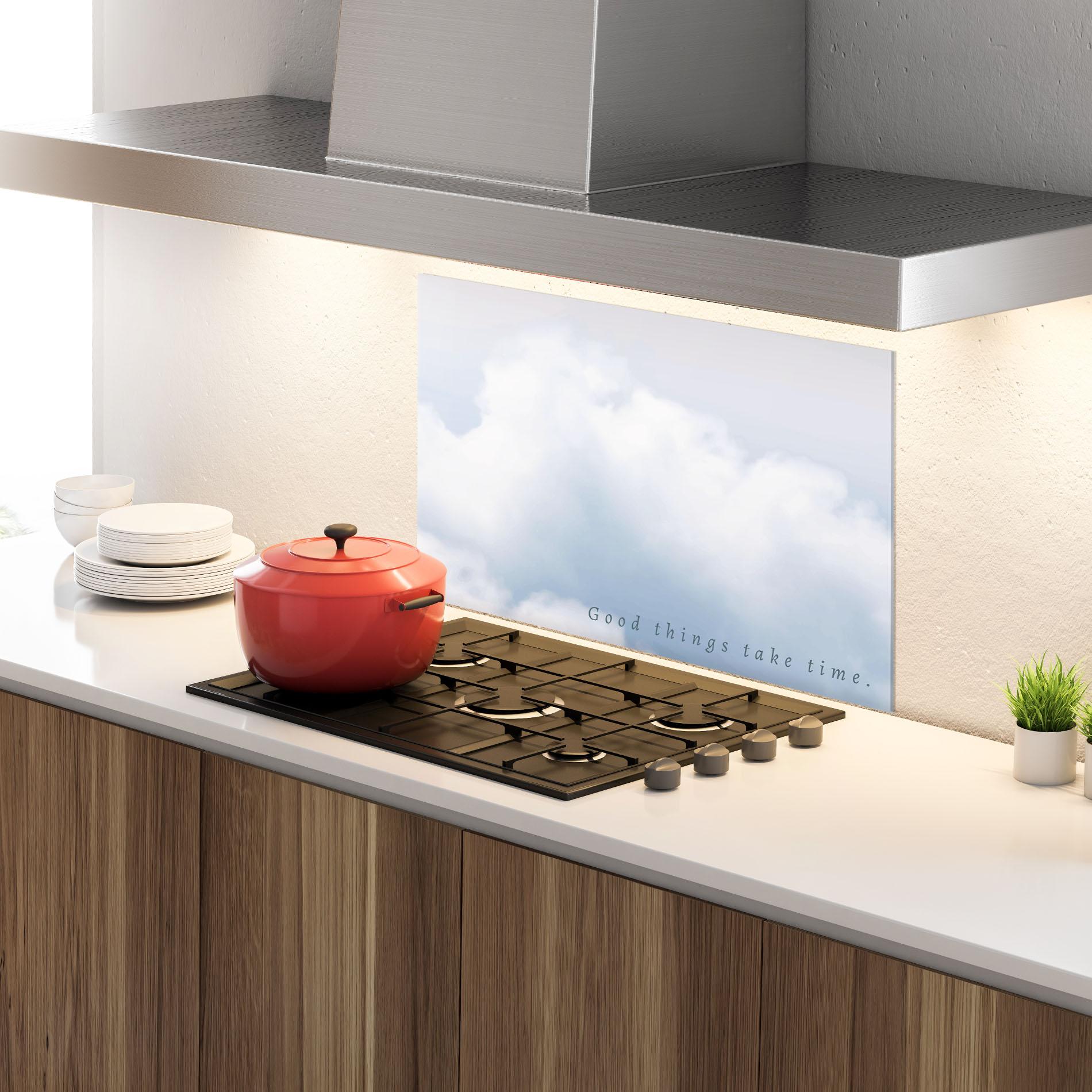 Küchenrückwand Glas Clouds Text White mockup 4