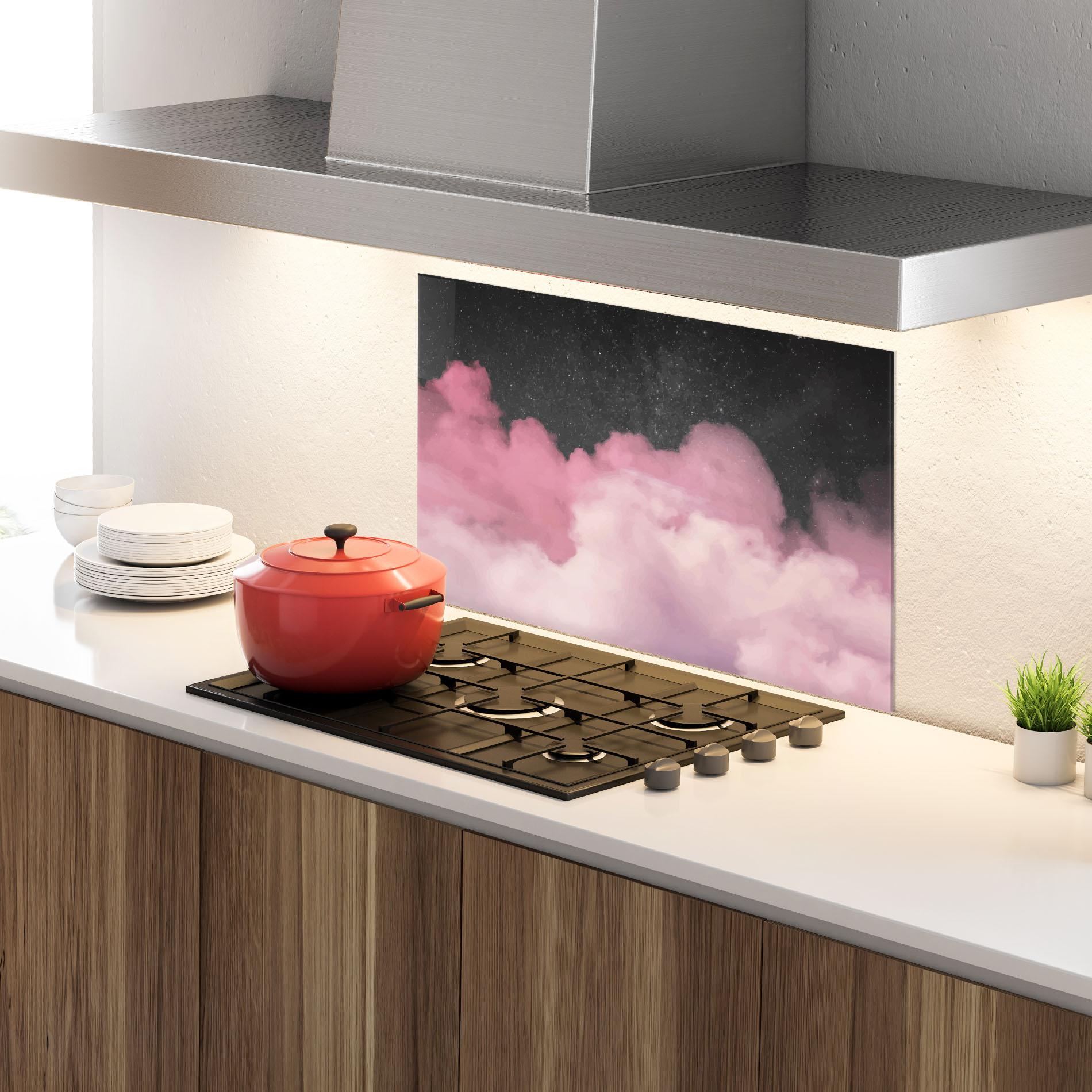 Küchenrückwand Glas Clouds Watercolor Purple mockup 4
