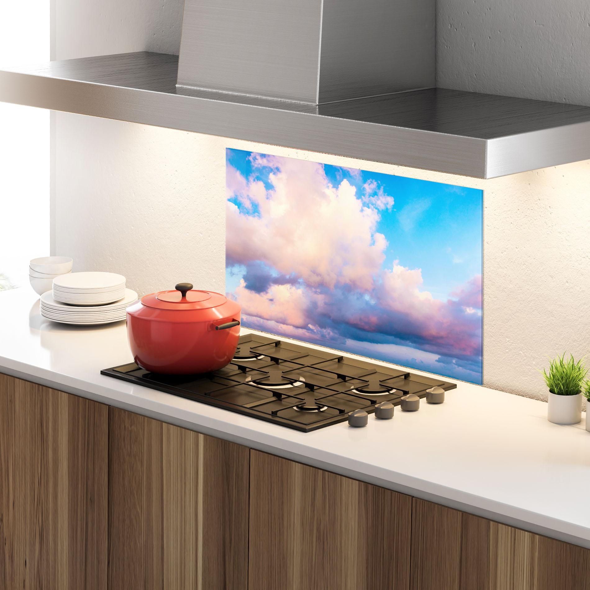 Küchenrückwand Glas Dreamy Pink Clouds mockup 4