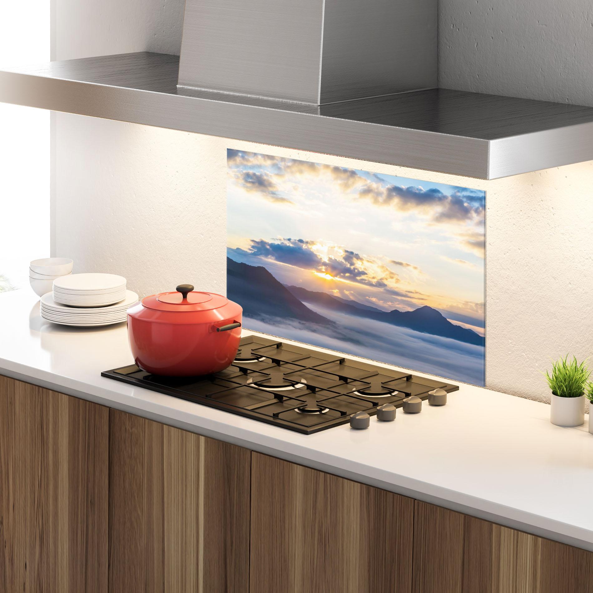 Küchenrückwand Glas Fantastic Clouds mockup 4