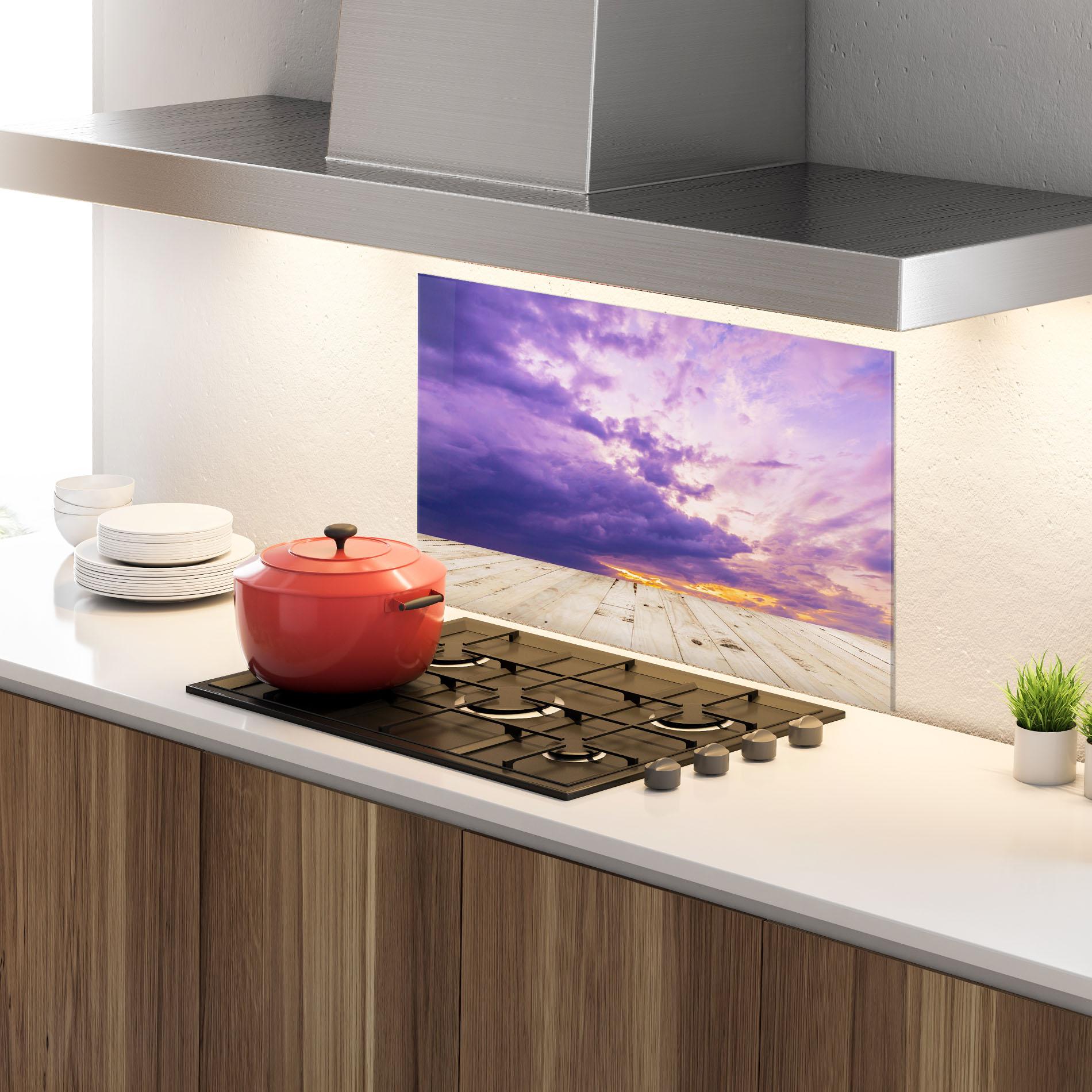 Küchenrückwand Glas Wood Table Clouds mockup 4