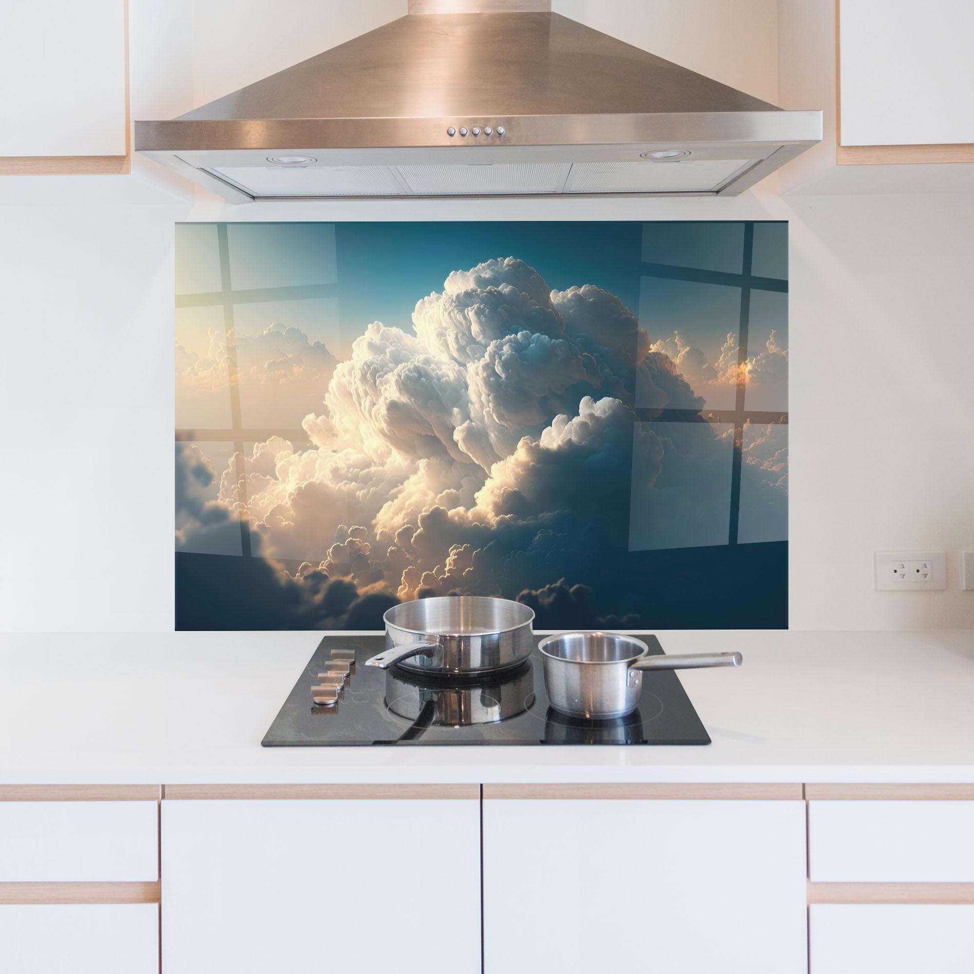 Küchenrückwand Glas Big Puffy Clouds mockup 5