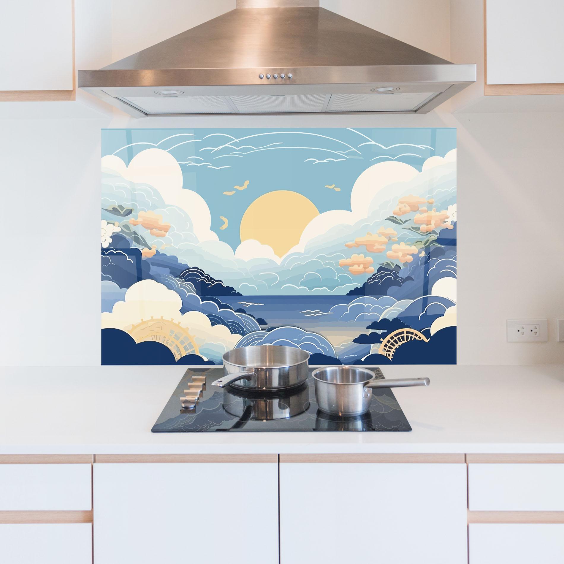 Küchenrückwand Glas Big White Clouds mockup 5